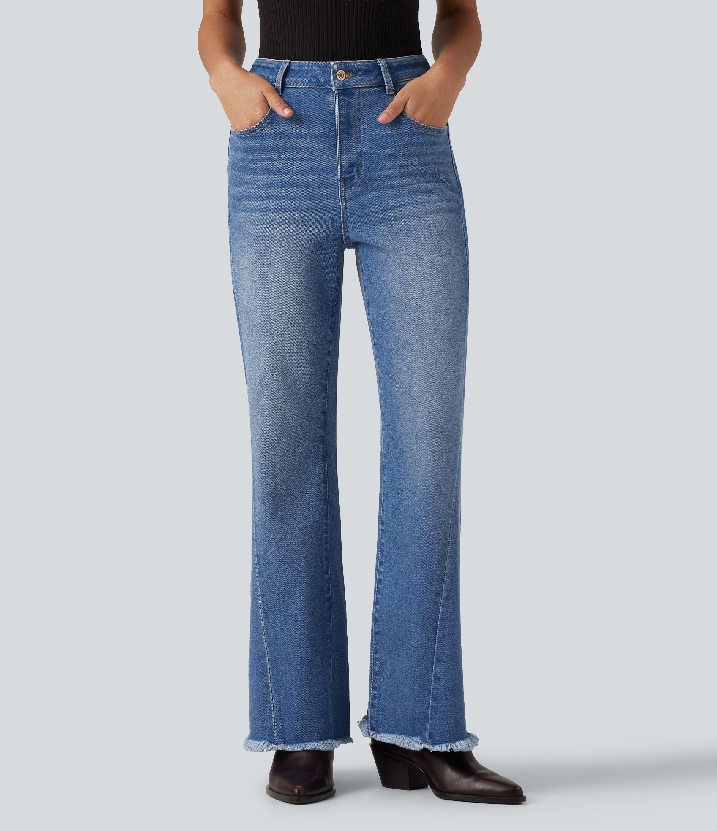  Blue Jasper Denim Vaqueros acampanados casuales de denim con estampado, talle medio y bolsillos / 2