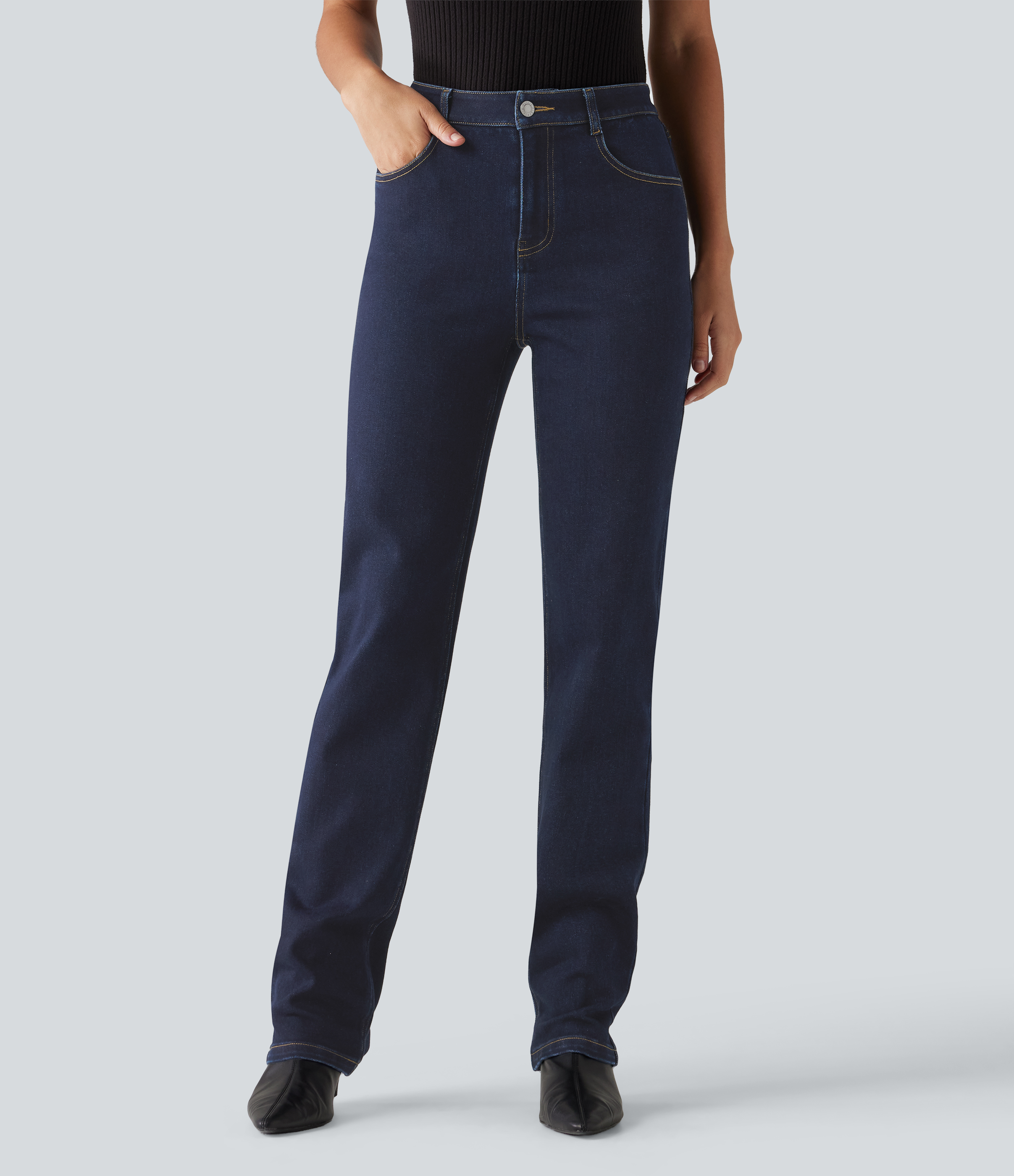 Mid Rise Straight Leg Casual Cotton Jeans with Pockets