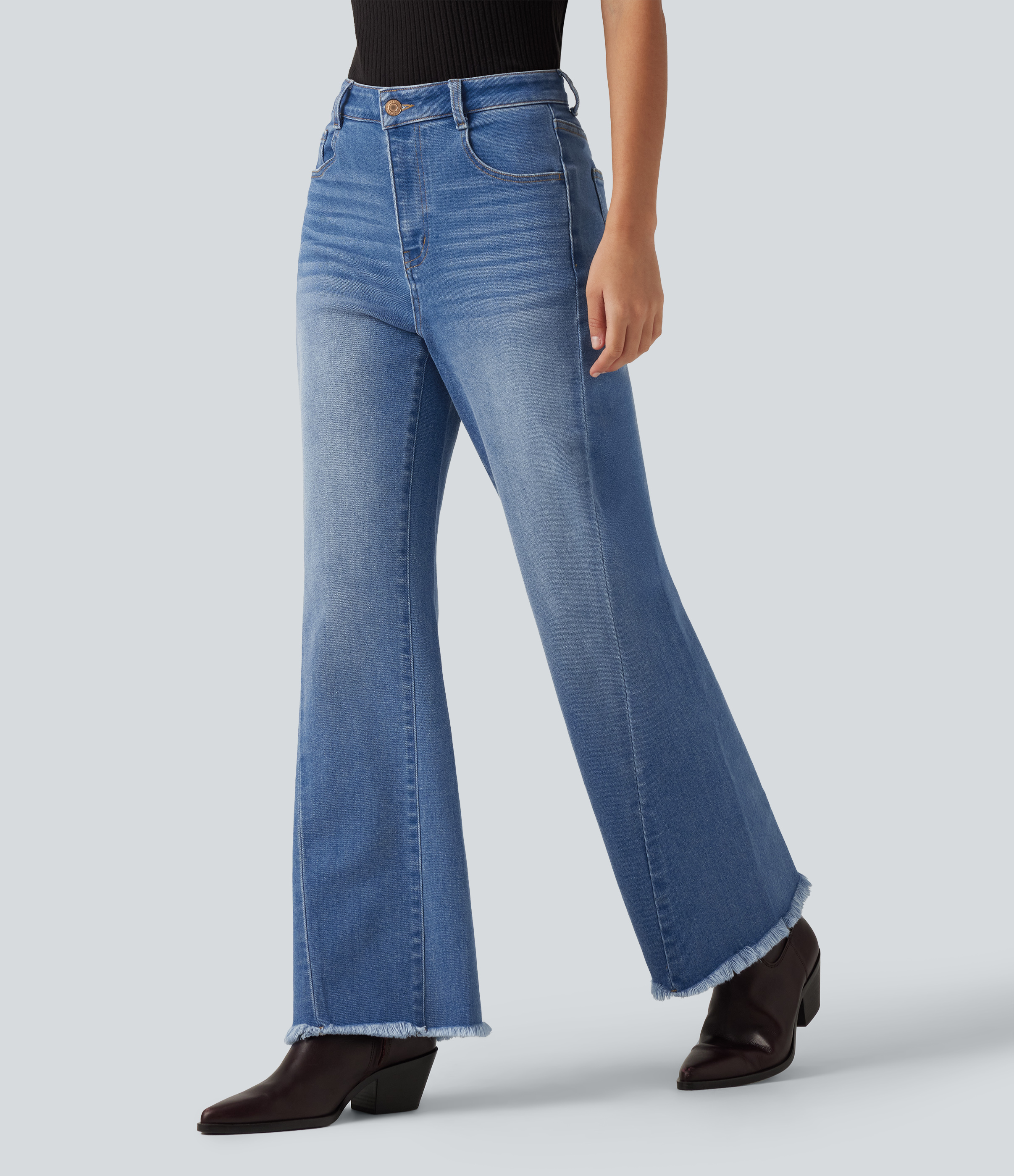Mid Rise Patterned Denim Flare Jeans with Pockets