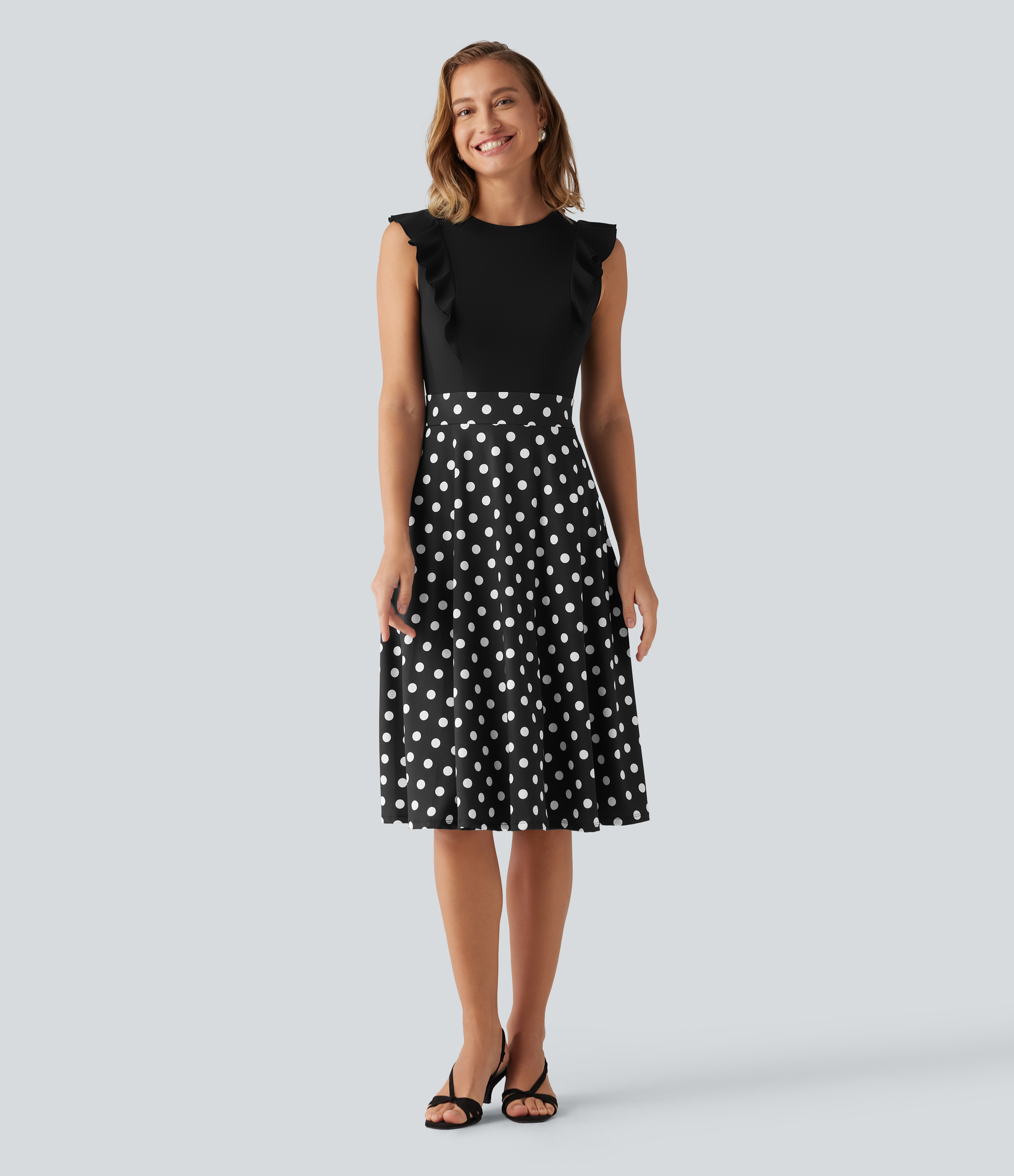 Round Neck Ruffle Sleeveless A-Line Color Block Midi Party Dress with Pockets