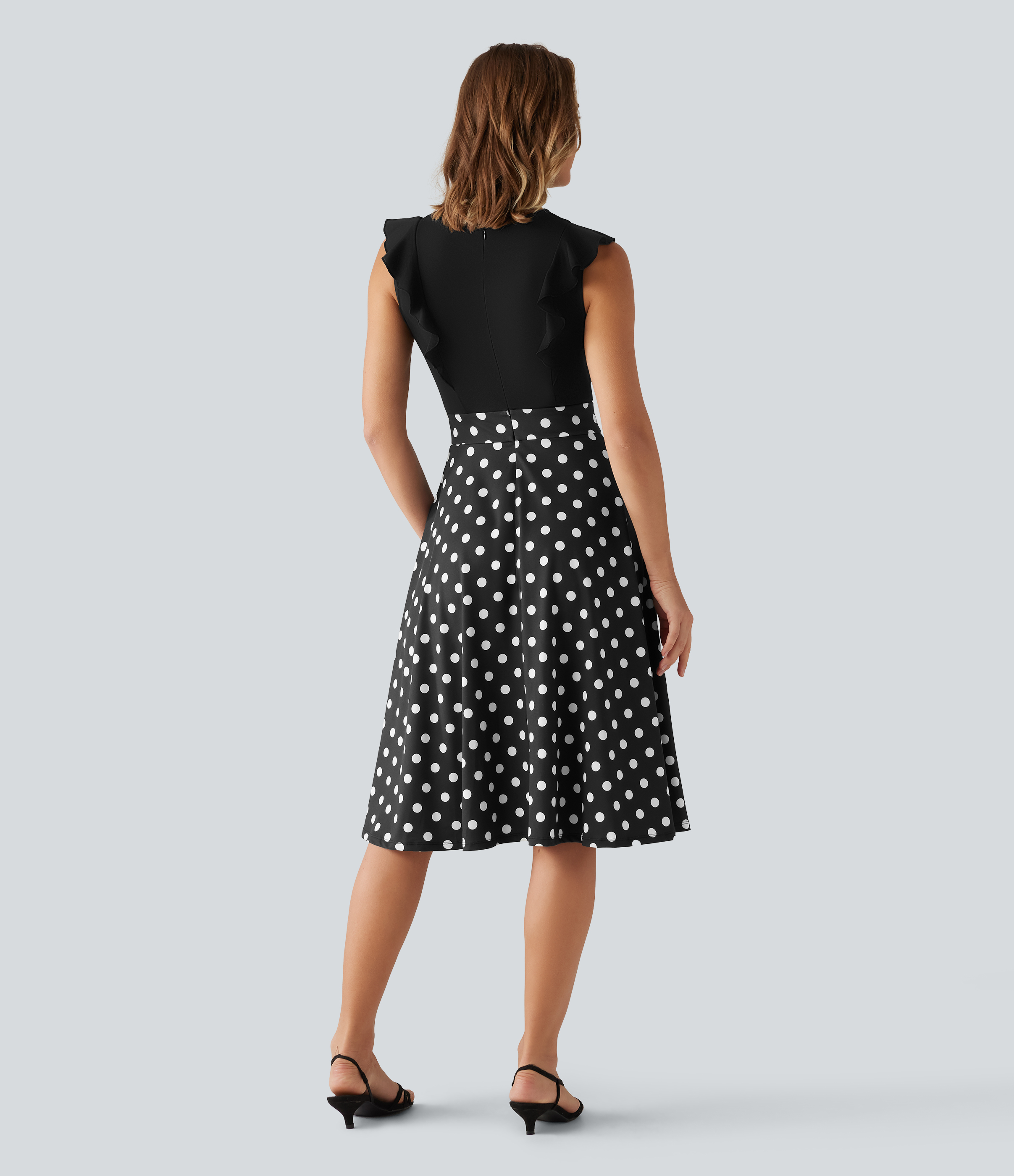 Midnight Dot Round Neck Ruffle Sleeveless A-Line Color Block Midi Party Dress with Pockets / 2