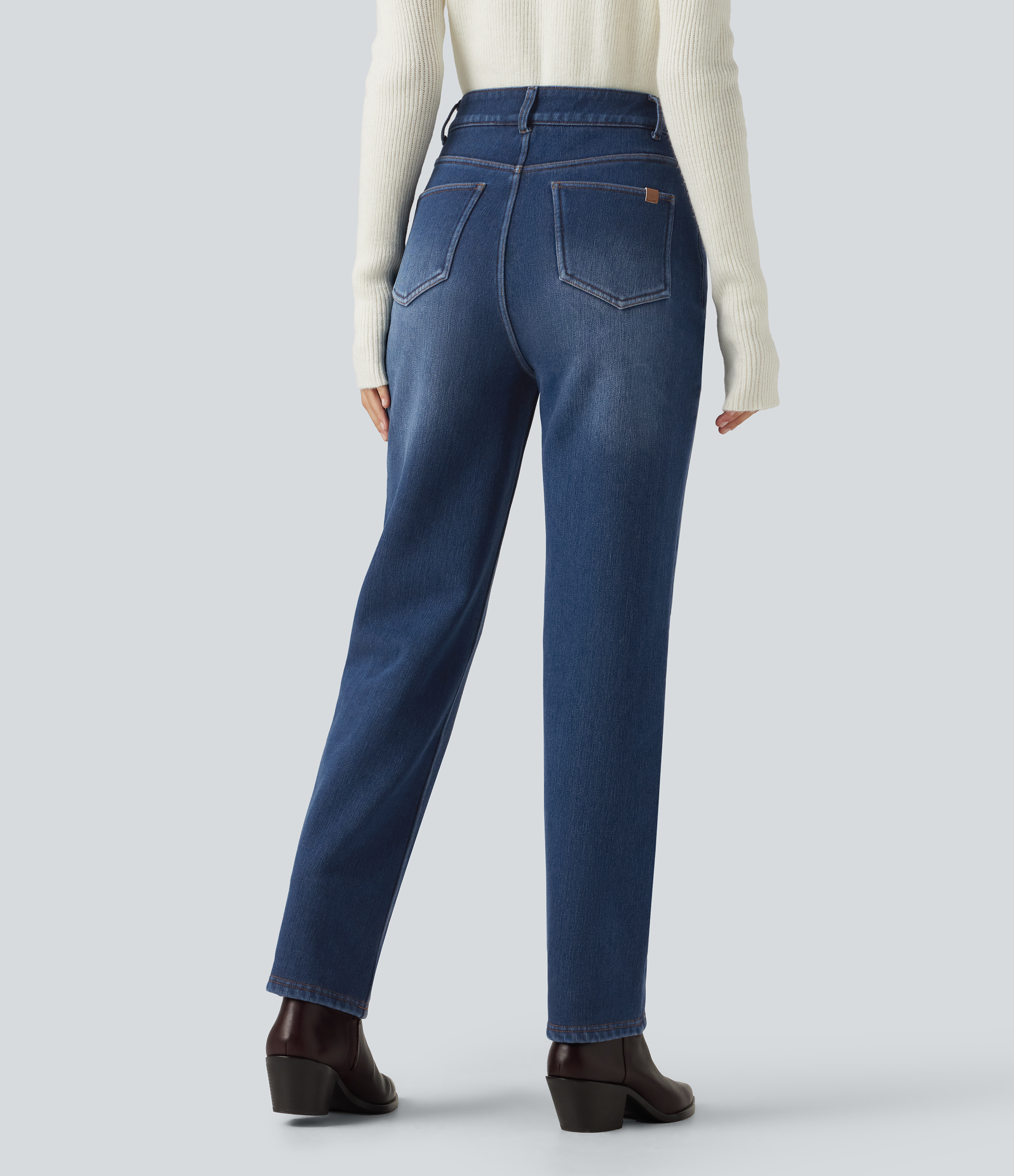 Estate Blue Denim Mid Rise Straight Leg Fleece Casual Cotton Jeans with Pockets / 2