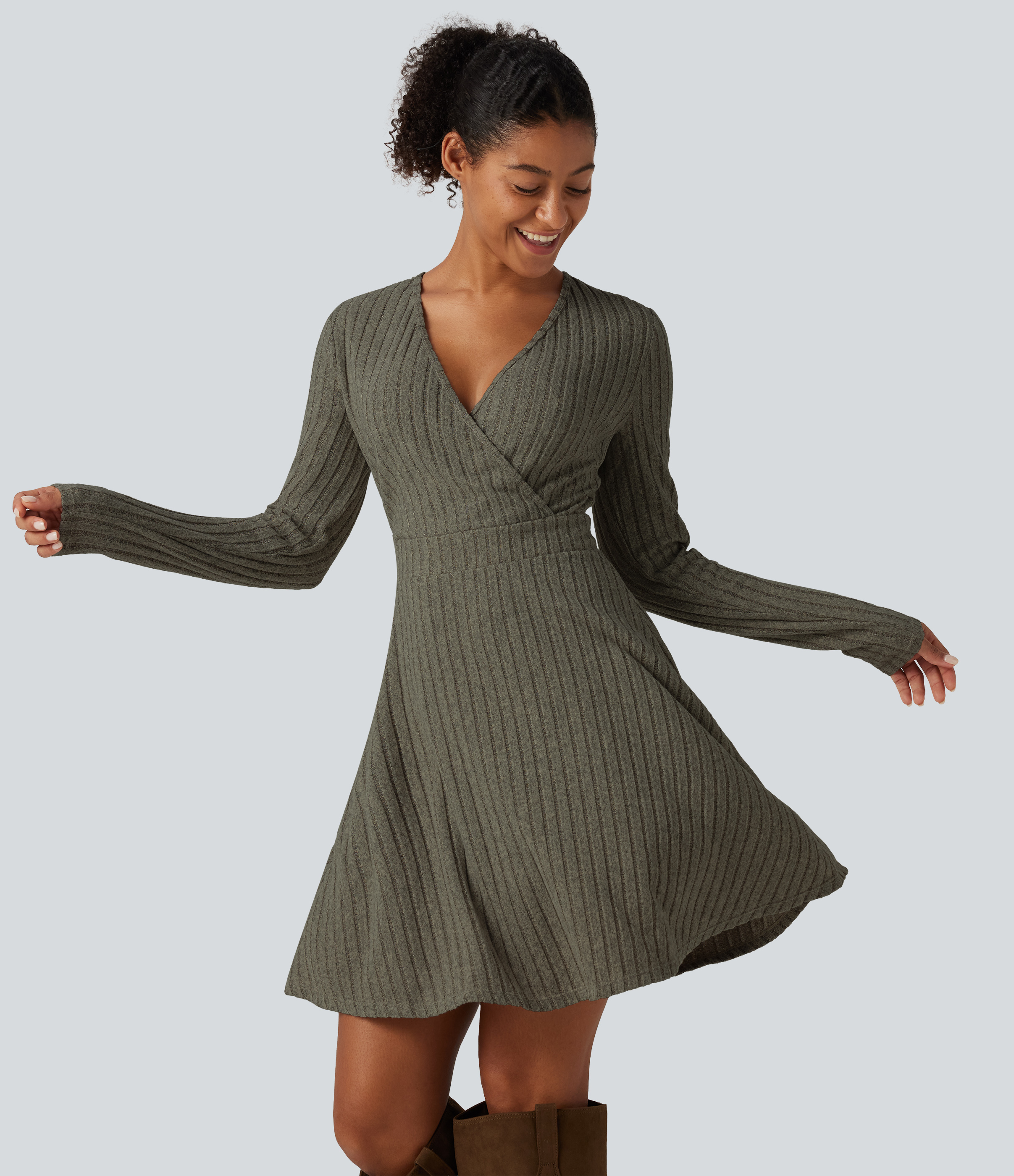 Ribbed Knit V-Neck Crossover Long Sleeve Mini Casual Dress