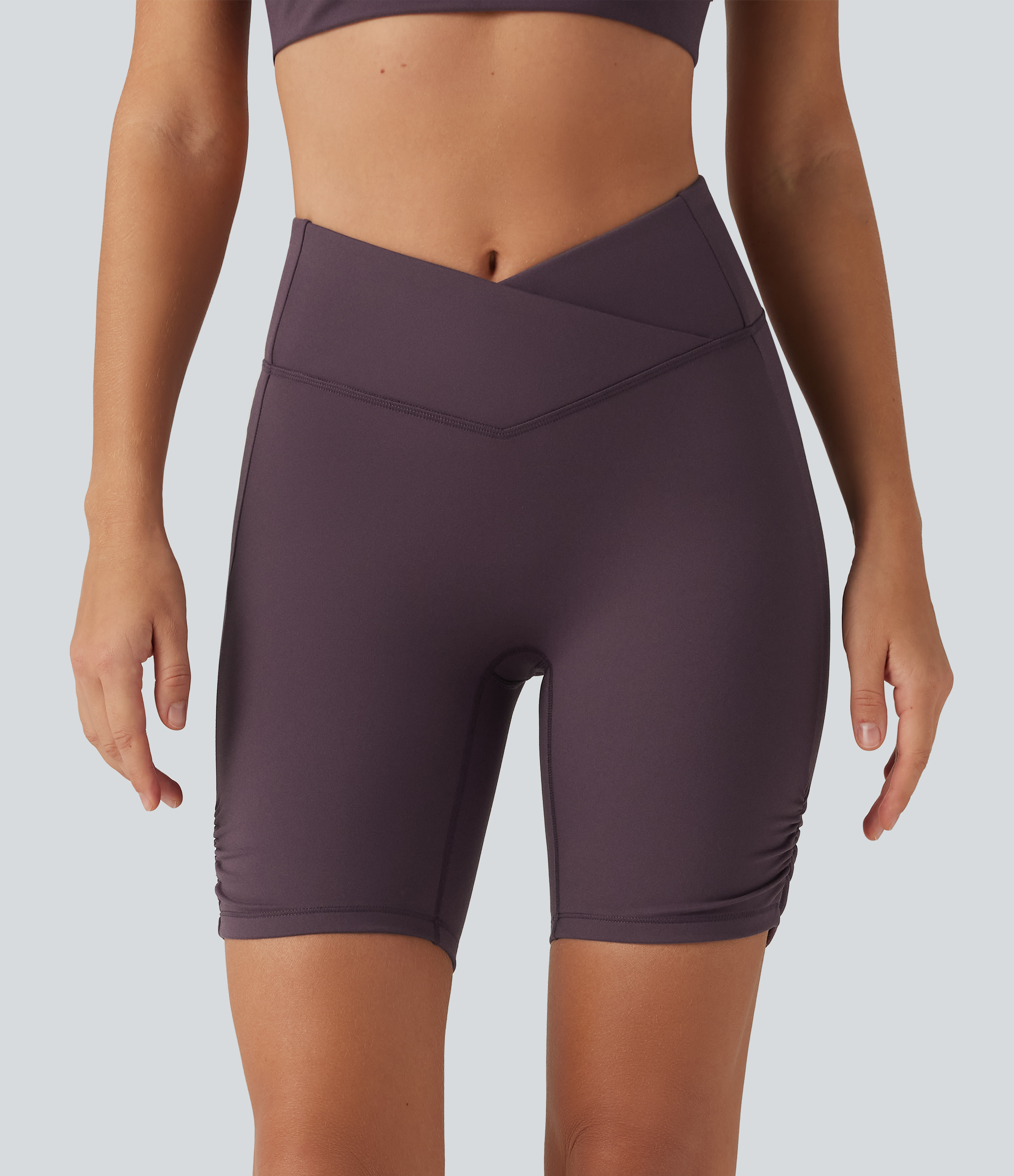 Dusky Evening purple Speedwave ™ High Waisted Tummy Control Crossover Ruched Training Biker Shorts 7" with Pocket / 2