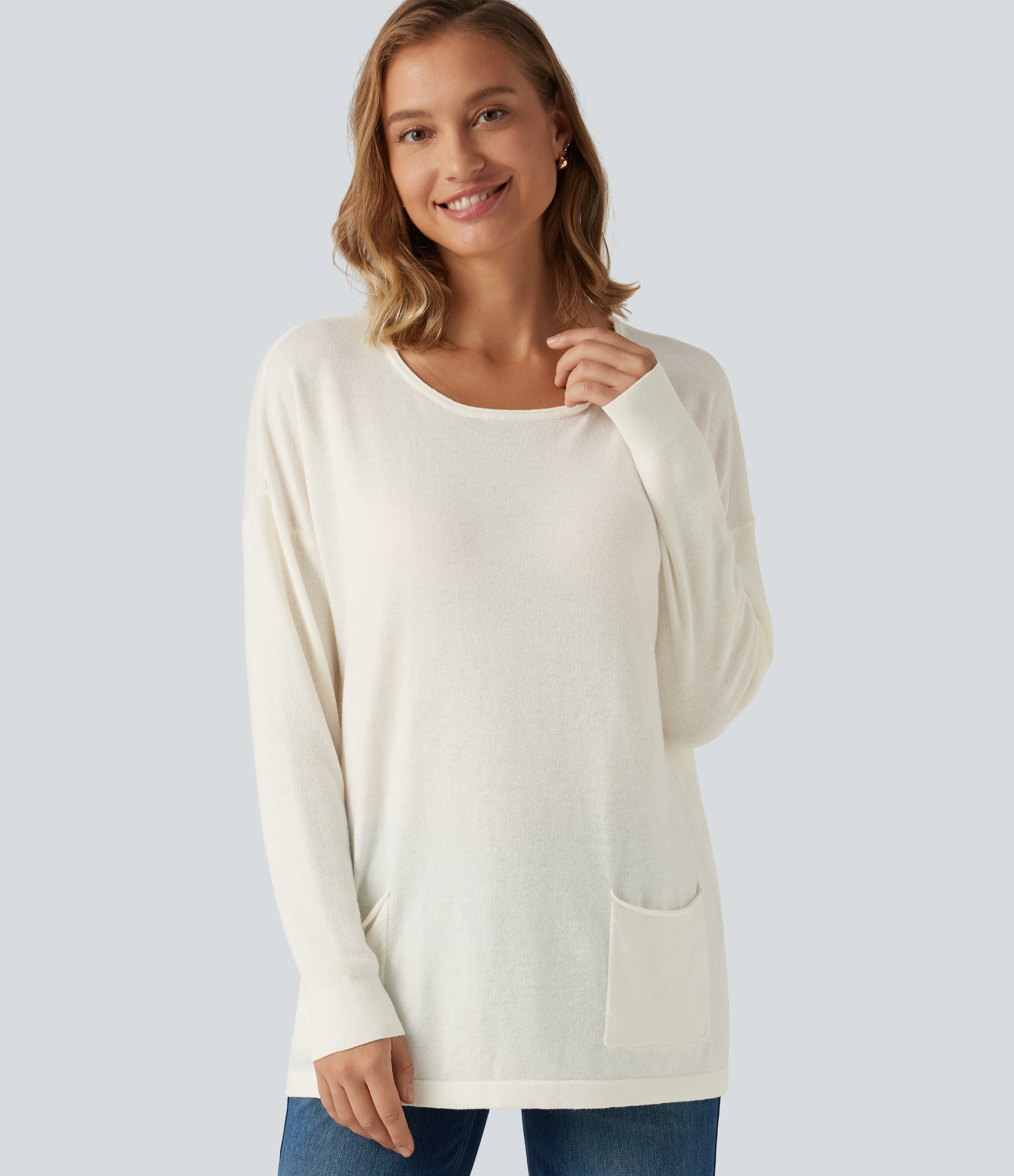 Round Neck Long Sleeve Casual Sweater with Pockets