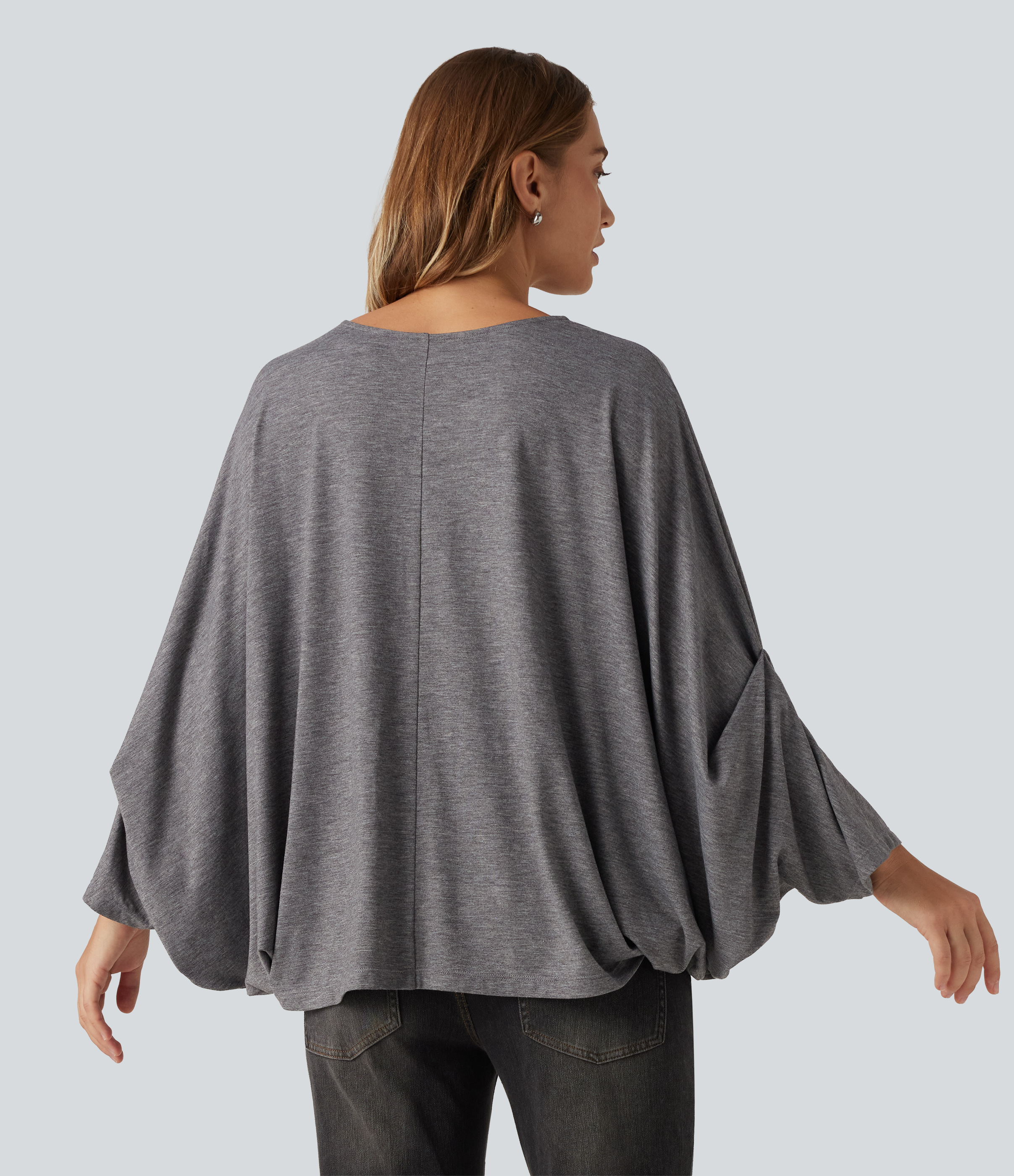 Darl Gray Floral Yarn Round Neck Batwing Long Sleeve Oversized Casual T-Shirt / 2