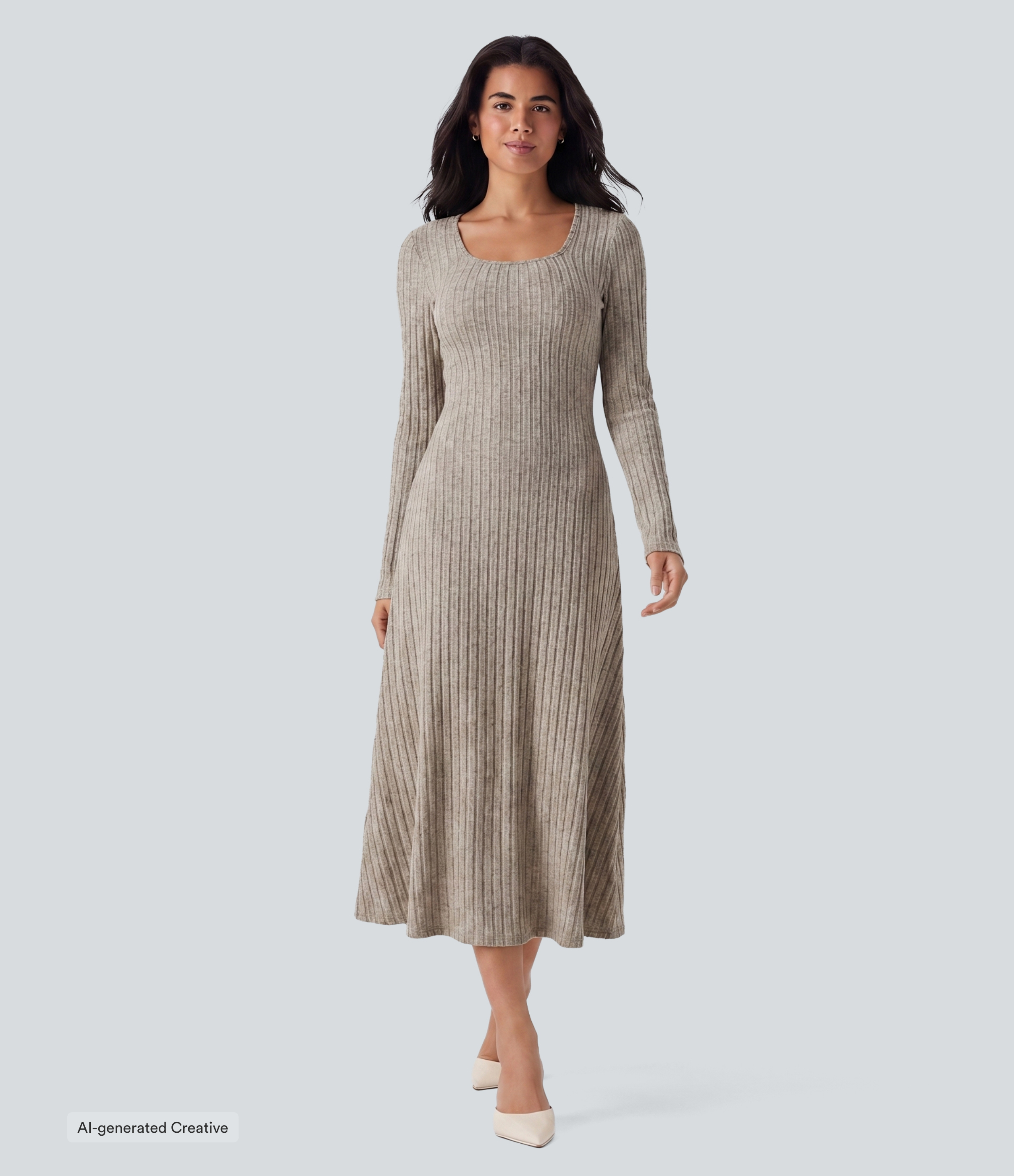 Ribbed Knit U Neck Long Sleeve Midi Casual Dress