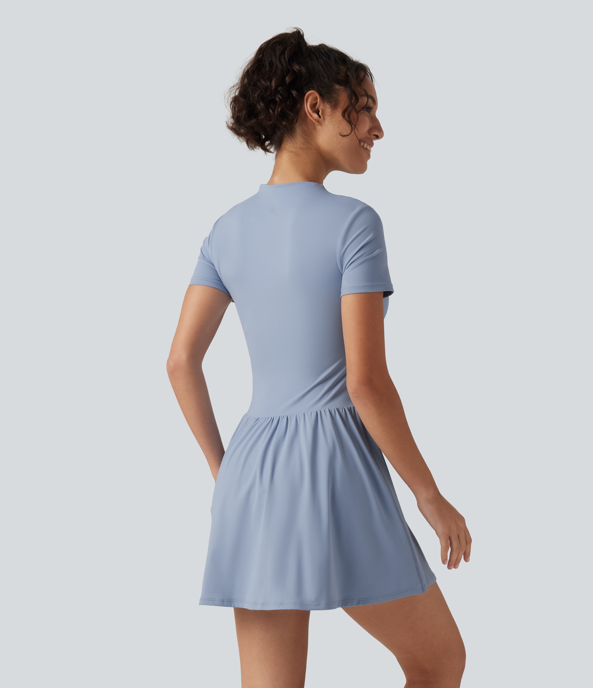 Light Grey Blue SoftlyZero™ Airy Round Neck Short Sleeve Built-in Bra 2-in-1 InstantCool Mini Yoga Dress with Pockets-Easy Peezy Edition / 2