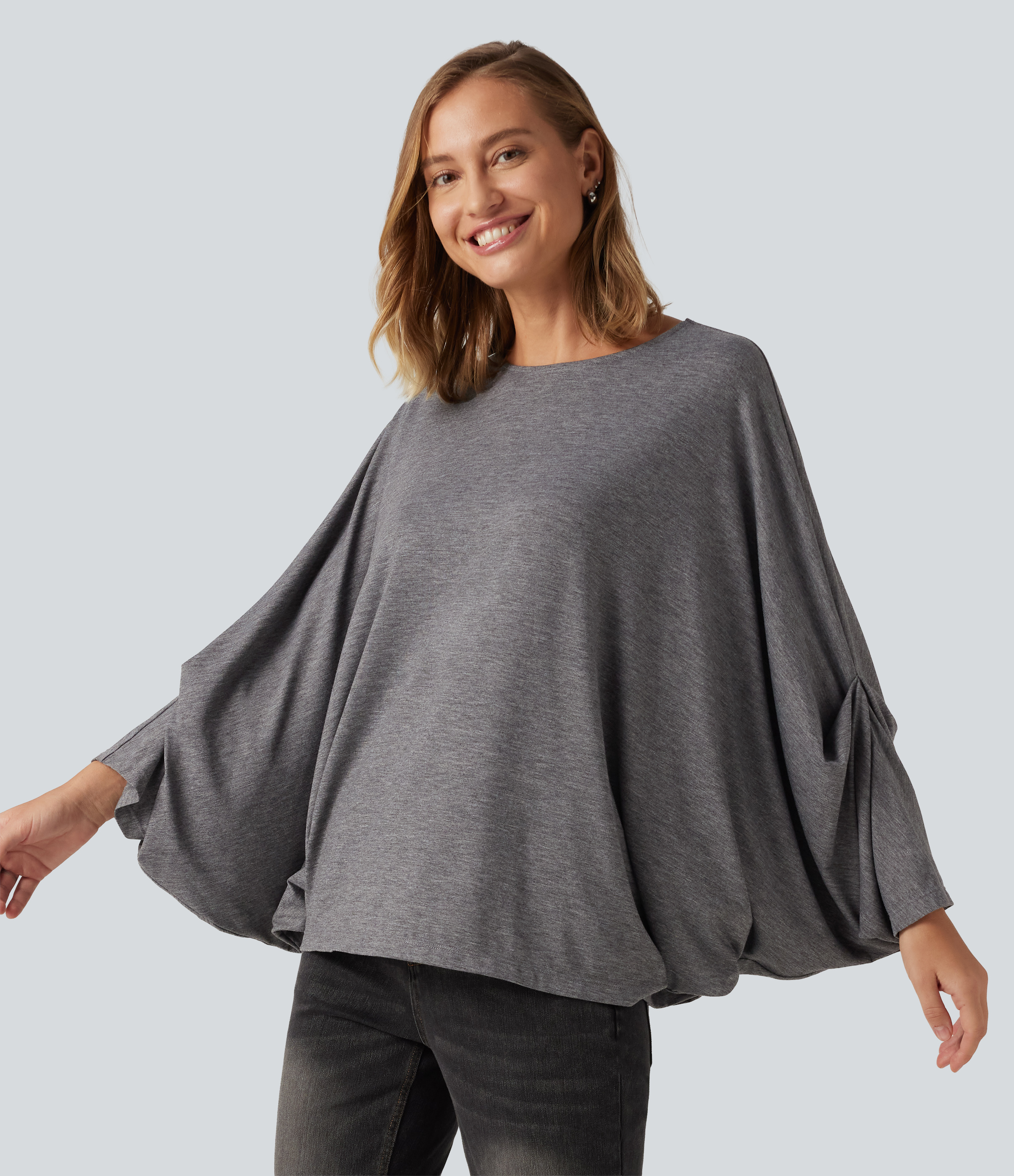 Round Neck Batwing Long Sleeve Oversized Casual T-Shirt B-DD Cups