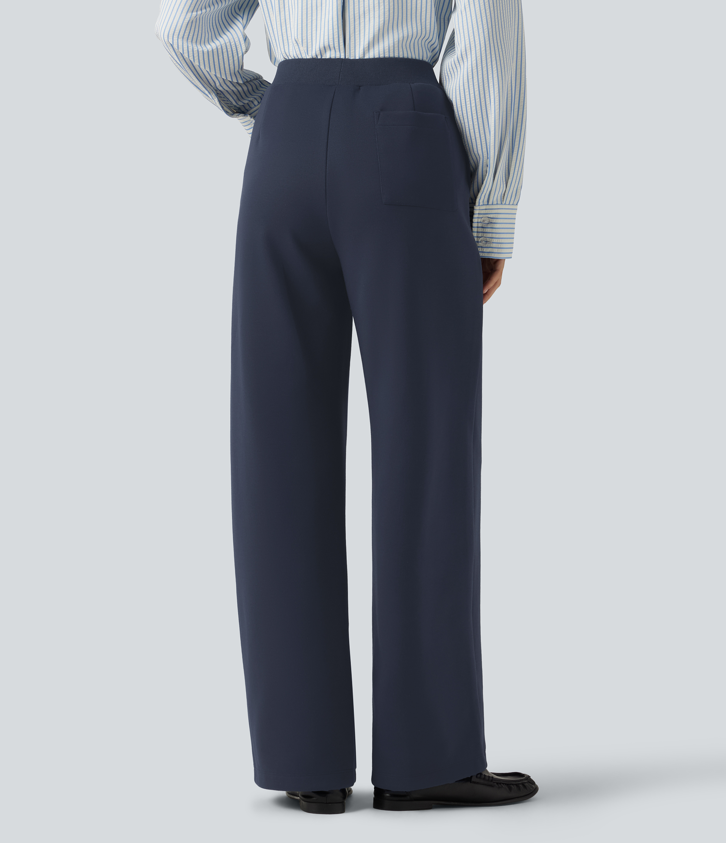 Navy Blazer High Waisted Drawstring Straight Leg Casual Cotton Pants with Pockets / 2