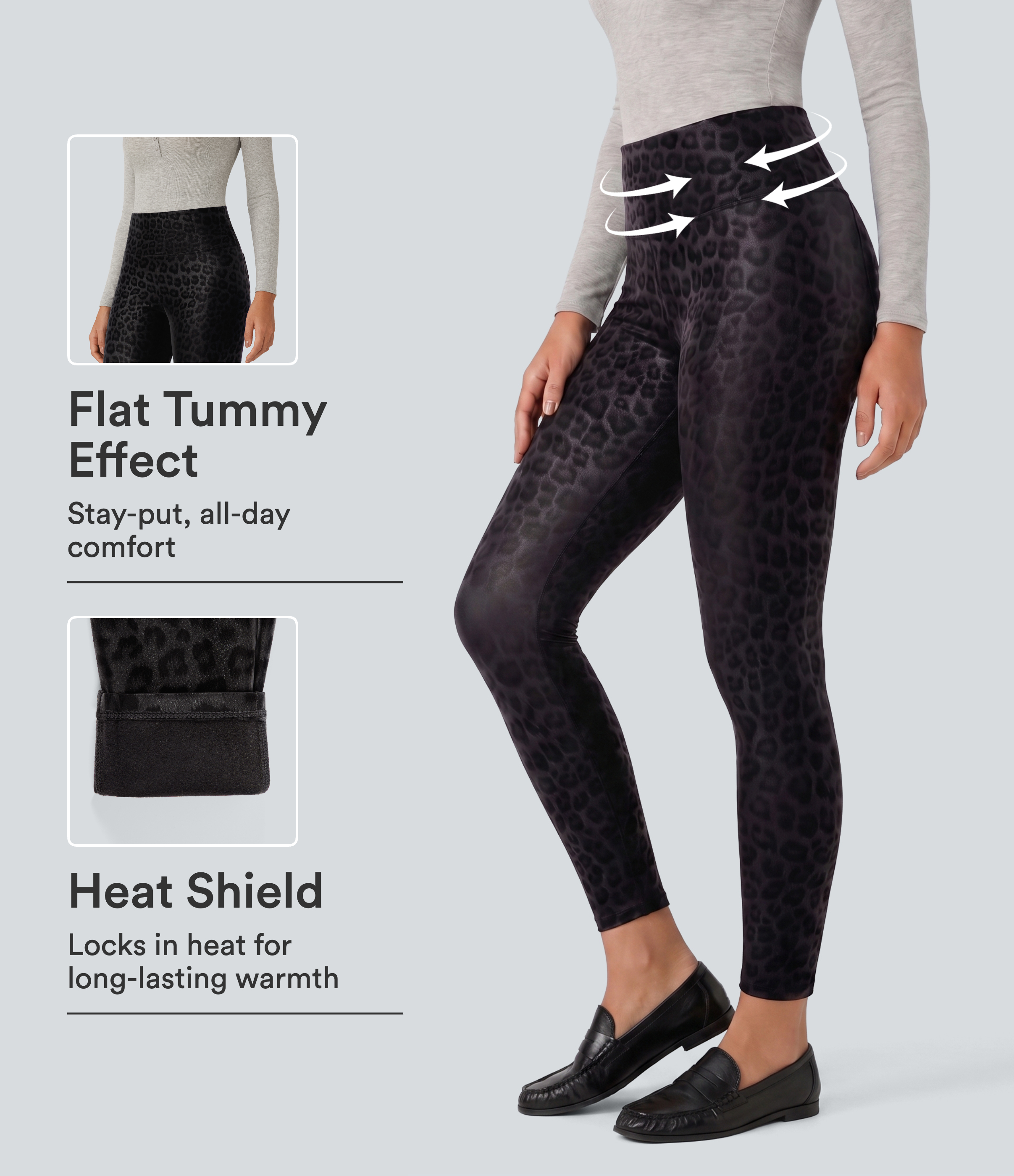 High Waisted Tummy Control Stretchy PU Leopard Print Fleece Casual Leggings with Pockets