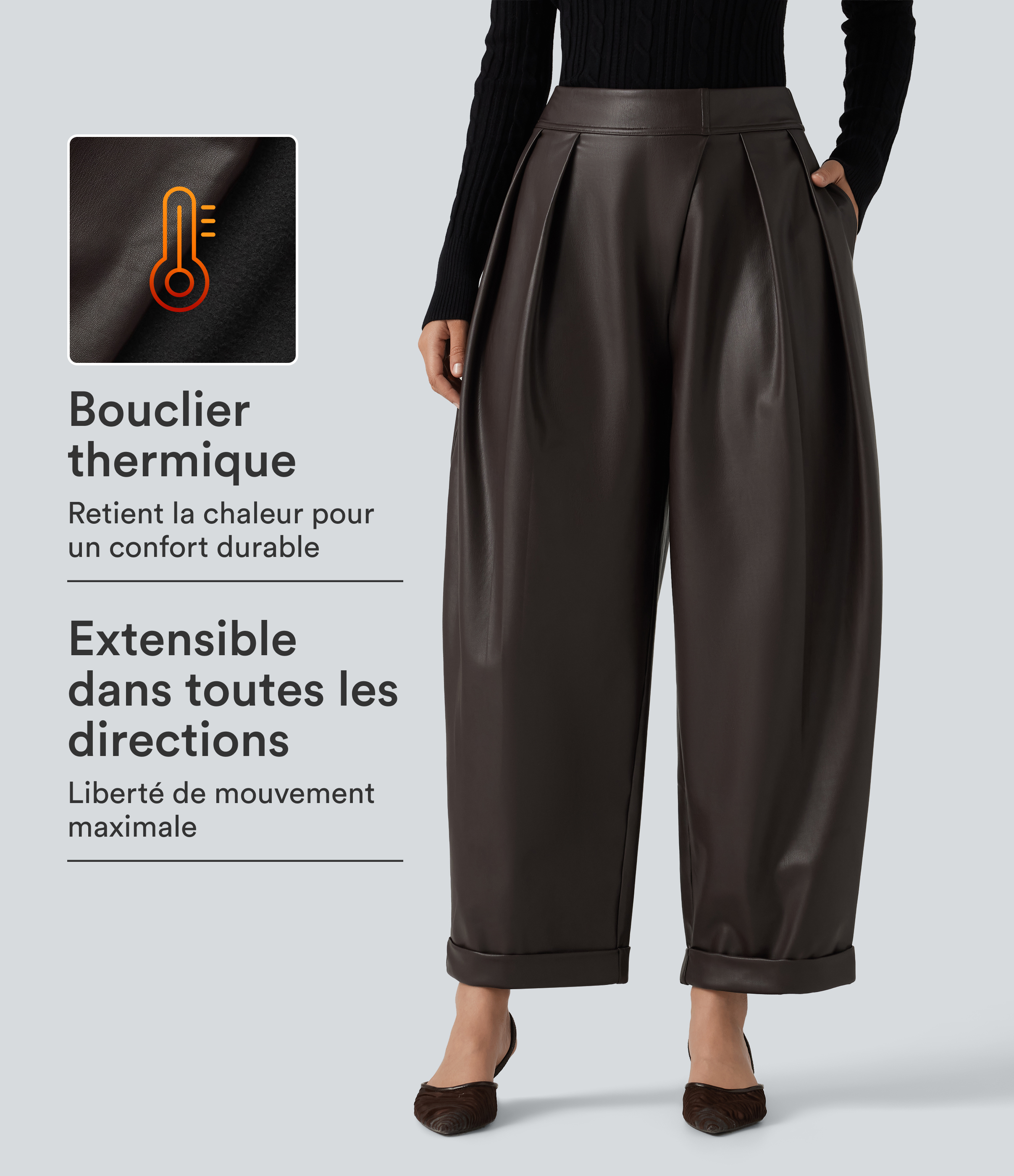 Pantalon en simili stretch doublé polaire taille haute coupe barrel avec poches