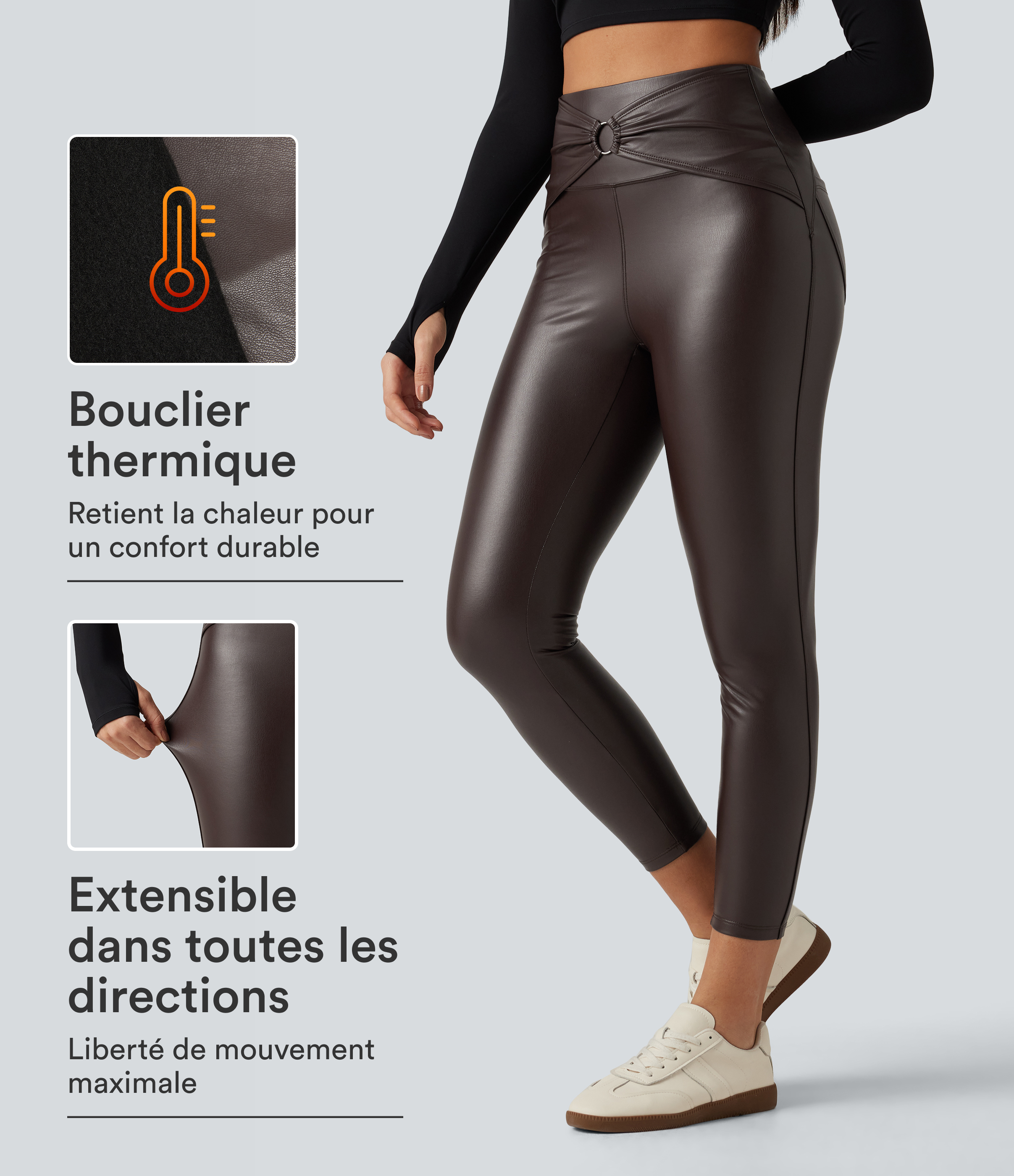 Legging de yoga en simili stretch doublé polaire taille haute froncé avec poches