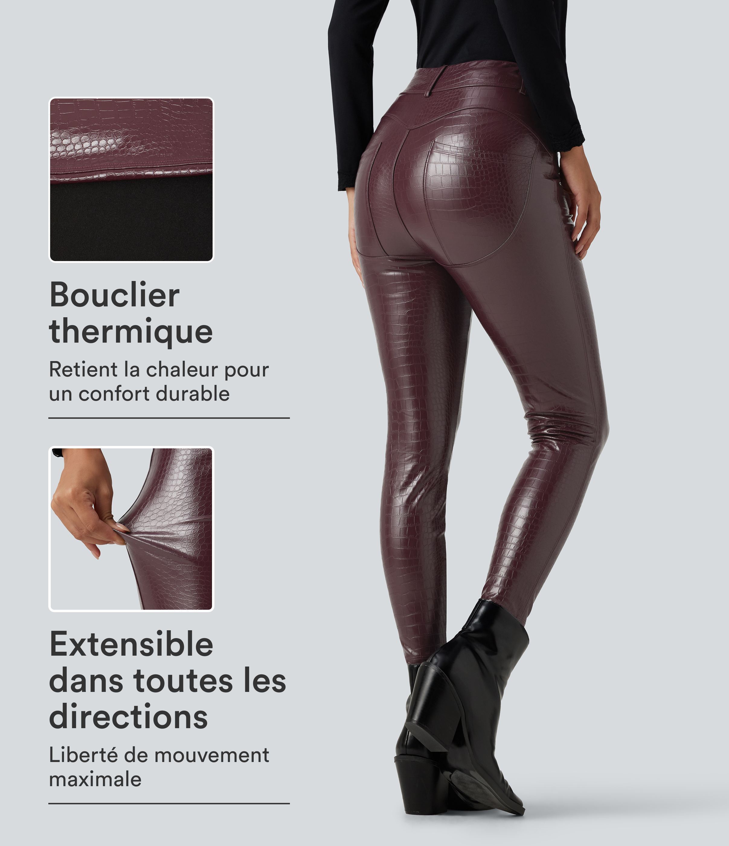 Legging en simili stretch doublé polaire taille haute imprimé serpent avec poches