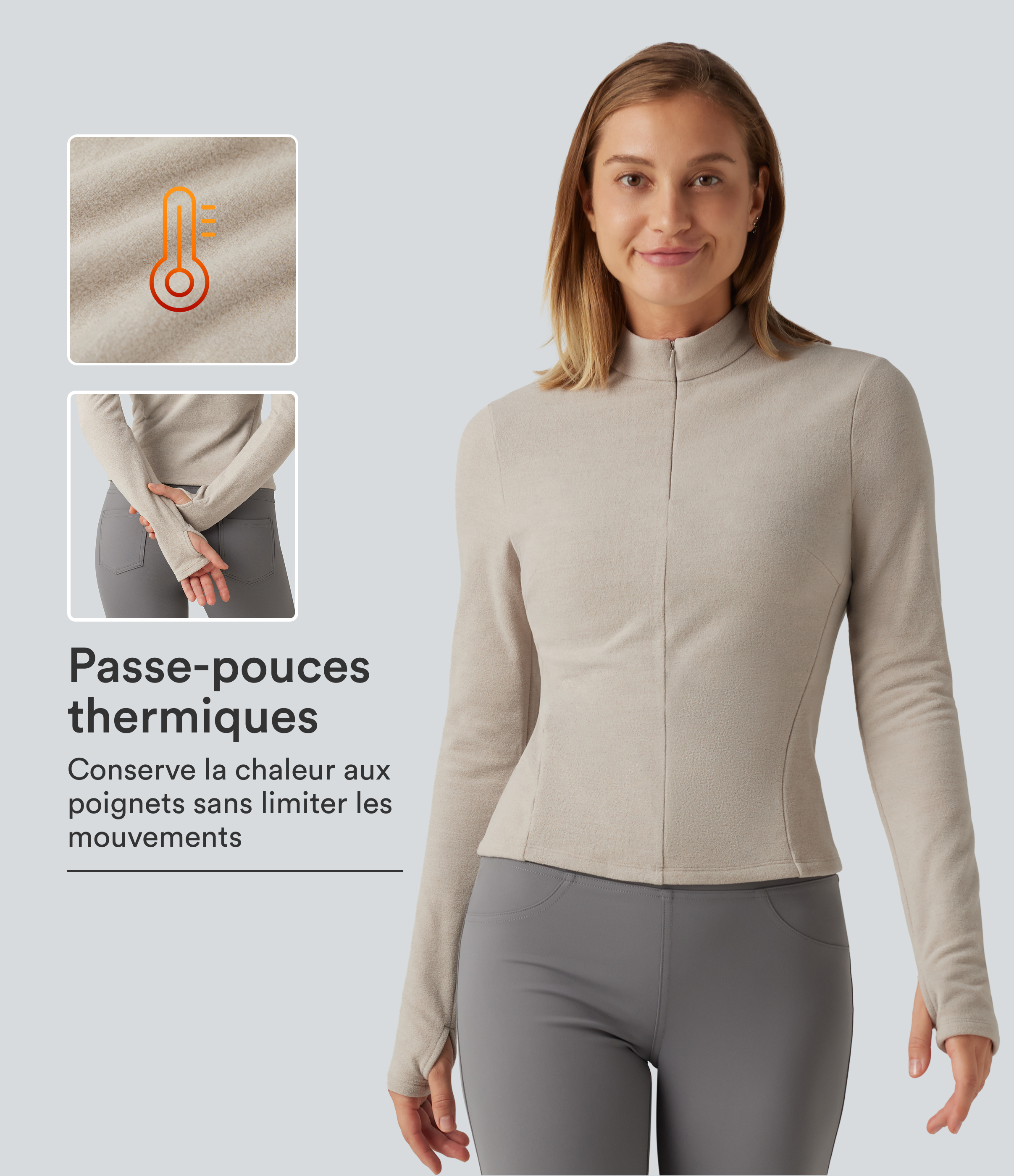 Veste polaire casual à col montant, manches longues et passe-pouces