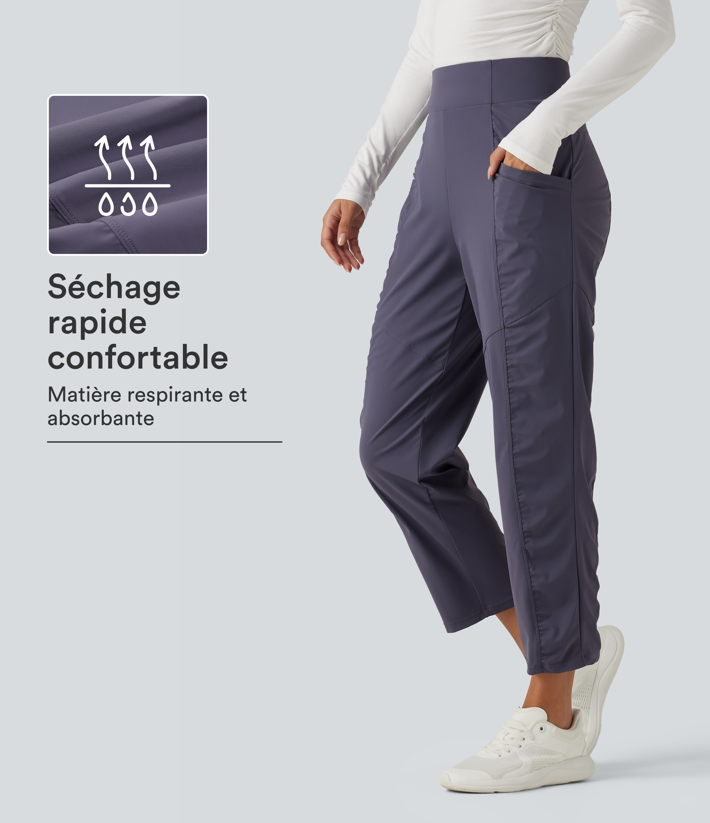 Charcoal Blue Pantalon de running à séchage rapide taille haute, froncé et coupe fuselée avec poches / 1