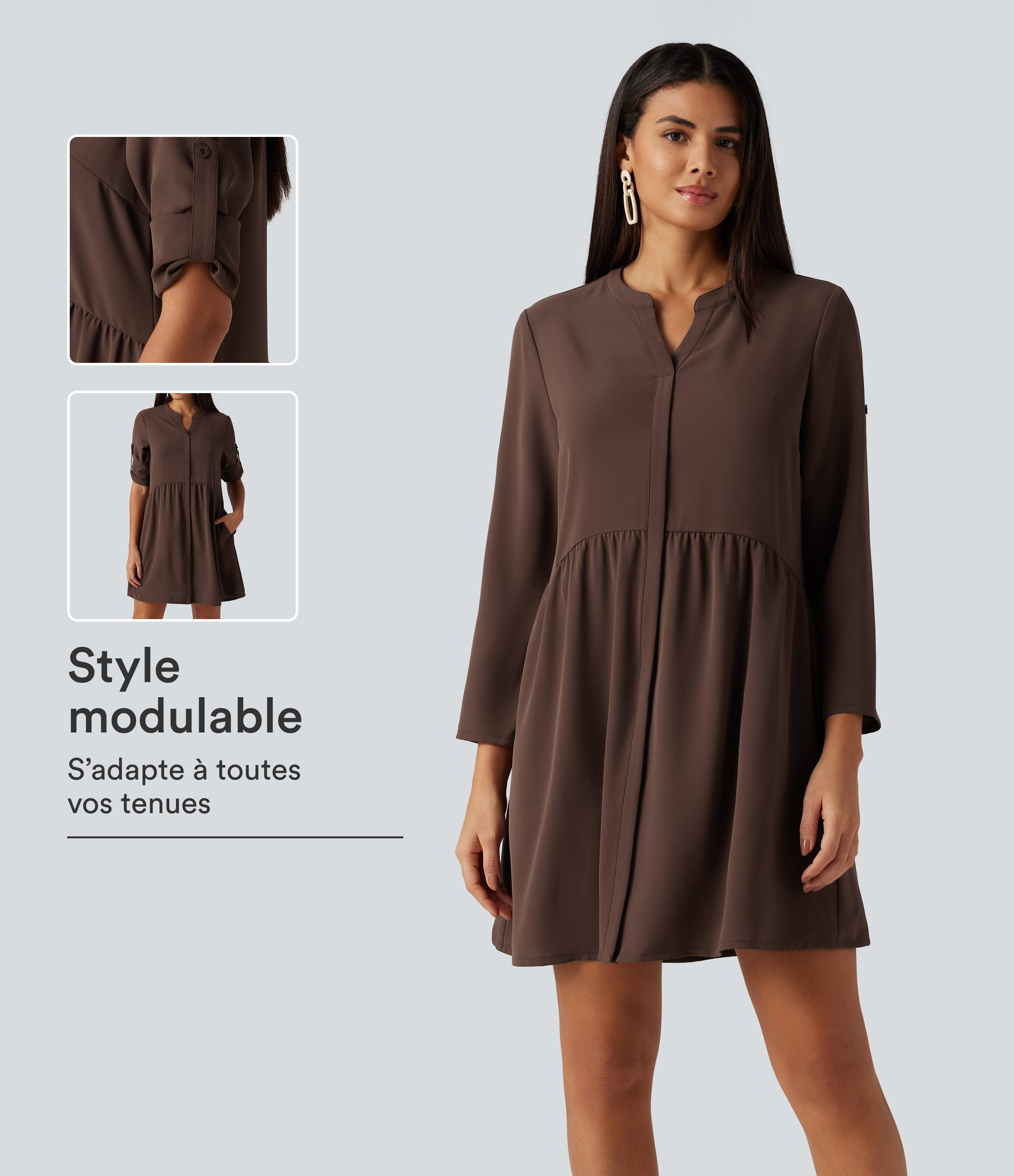 Robe-chemise mini à col tailleur cranté, manches longues et poches