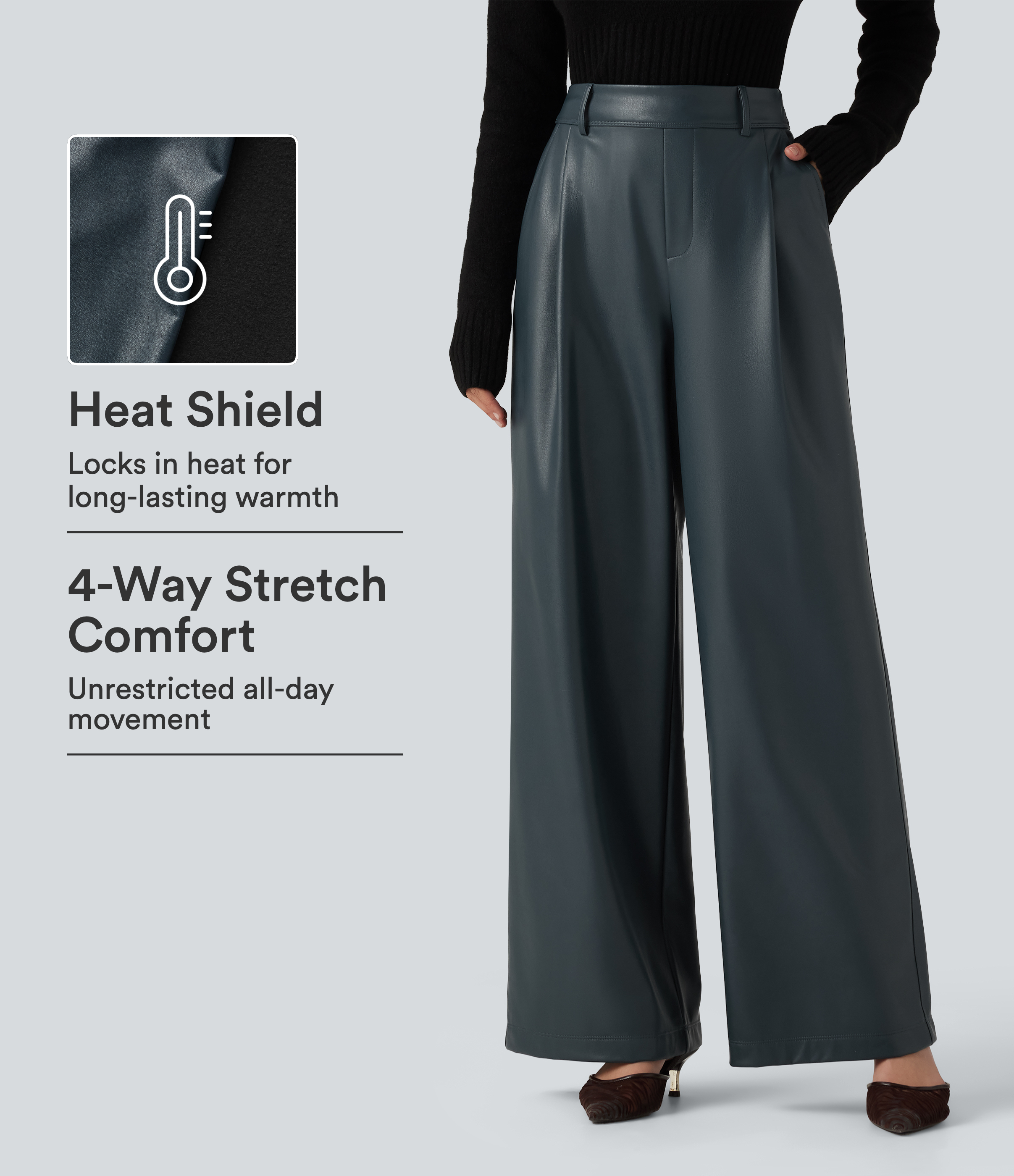 High Waisted Wide Leg Stretchy PU Fleece Casual Pants with Pockets