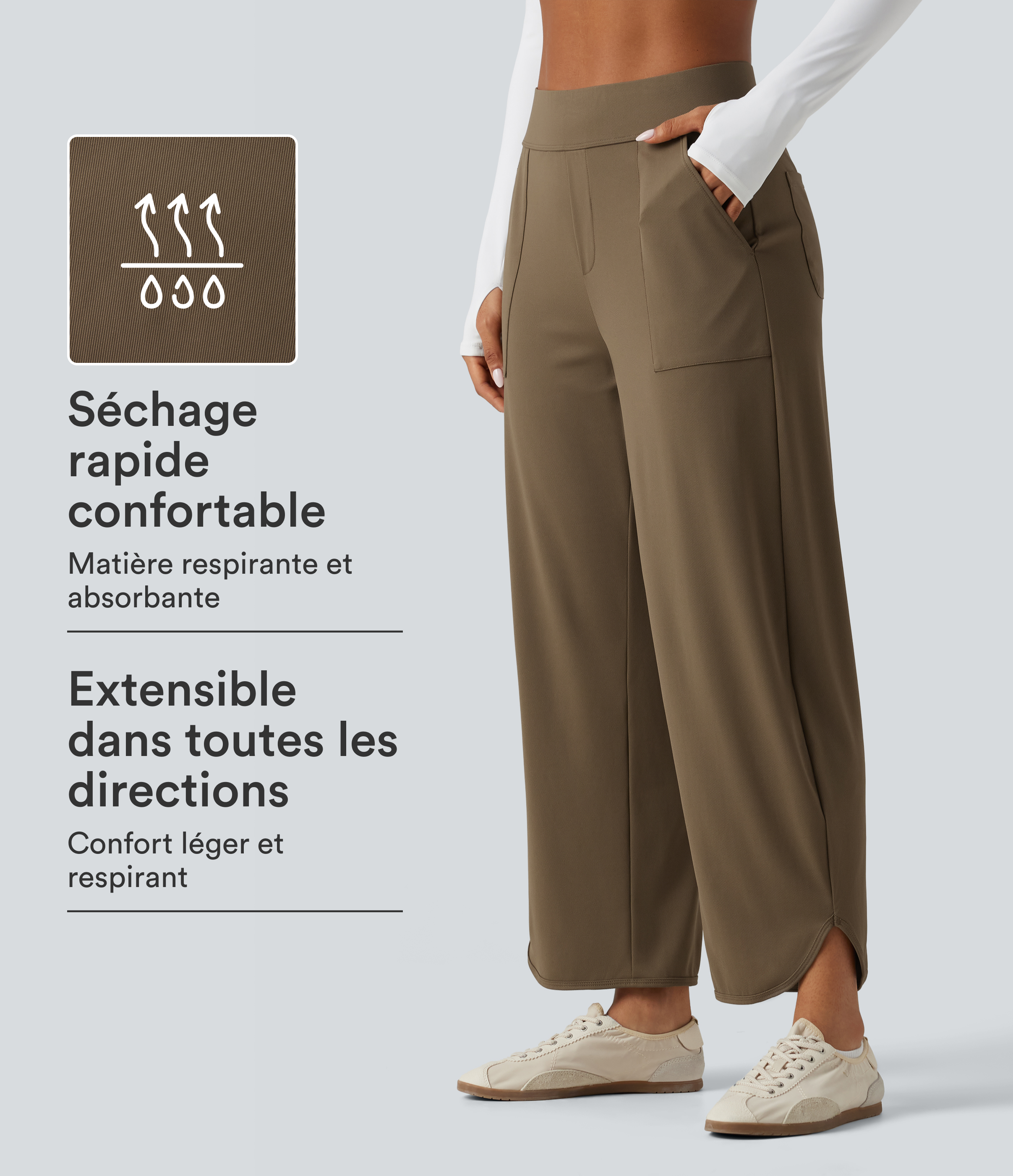 Shitake Pantalon de danse à séchage rapide taille haute coupe barrel et ourlet arrondi avec poches et protection solaire UPF40+ / 1