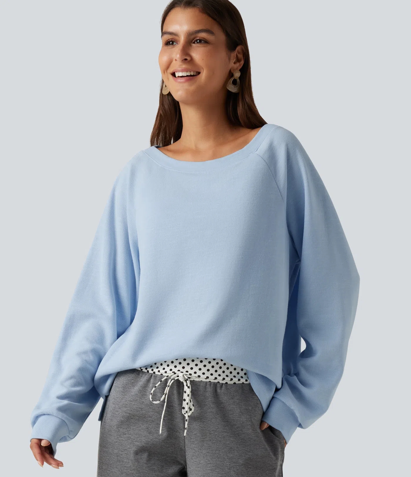 Sky Blue Foam Boat Neck Raglan Long Sleeve Built-in Bra Casual Cotton Sweatshirt / 1