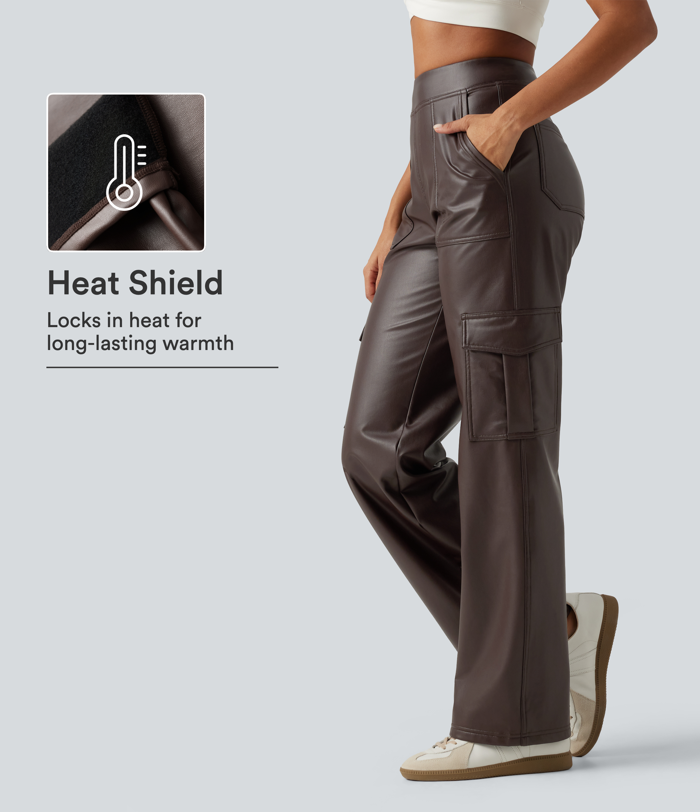 Mid Rise Wide Leg Stretchy PU Fleece Casual Cargo Pants with Pockets