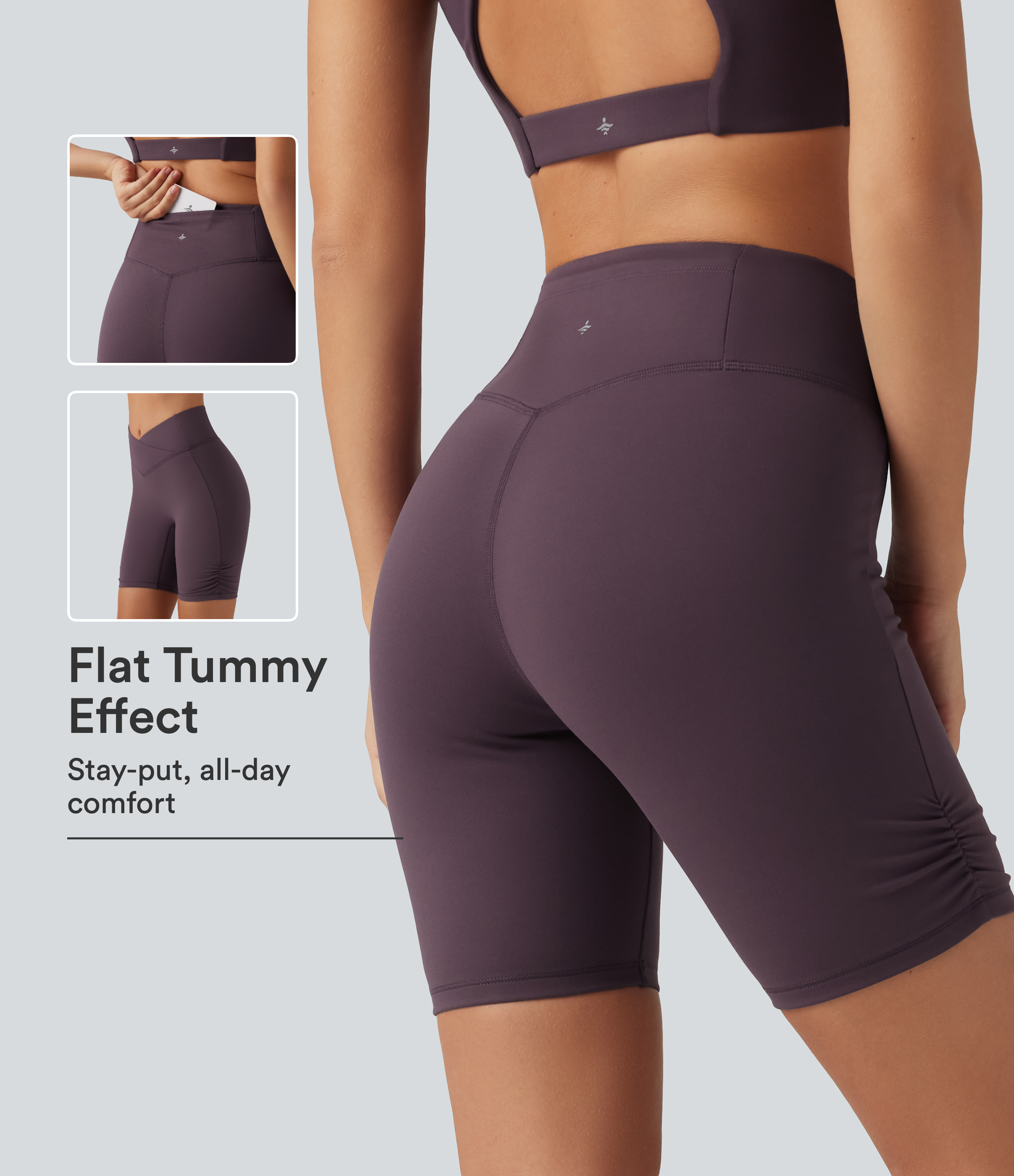 Short cycliste taille haute gainant avec empiècement croisé et fronces, 7" avec poche