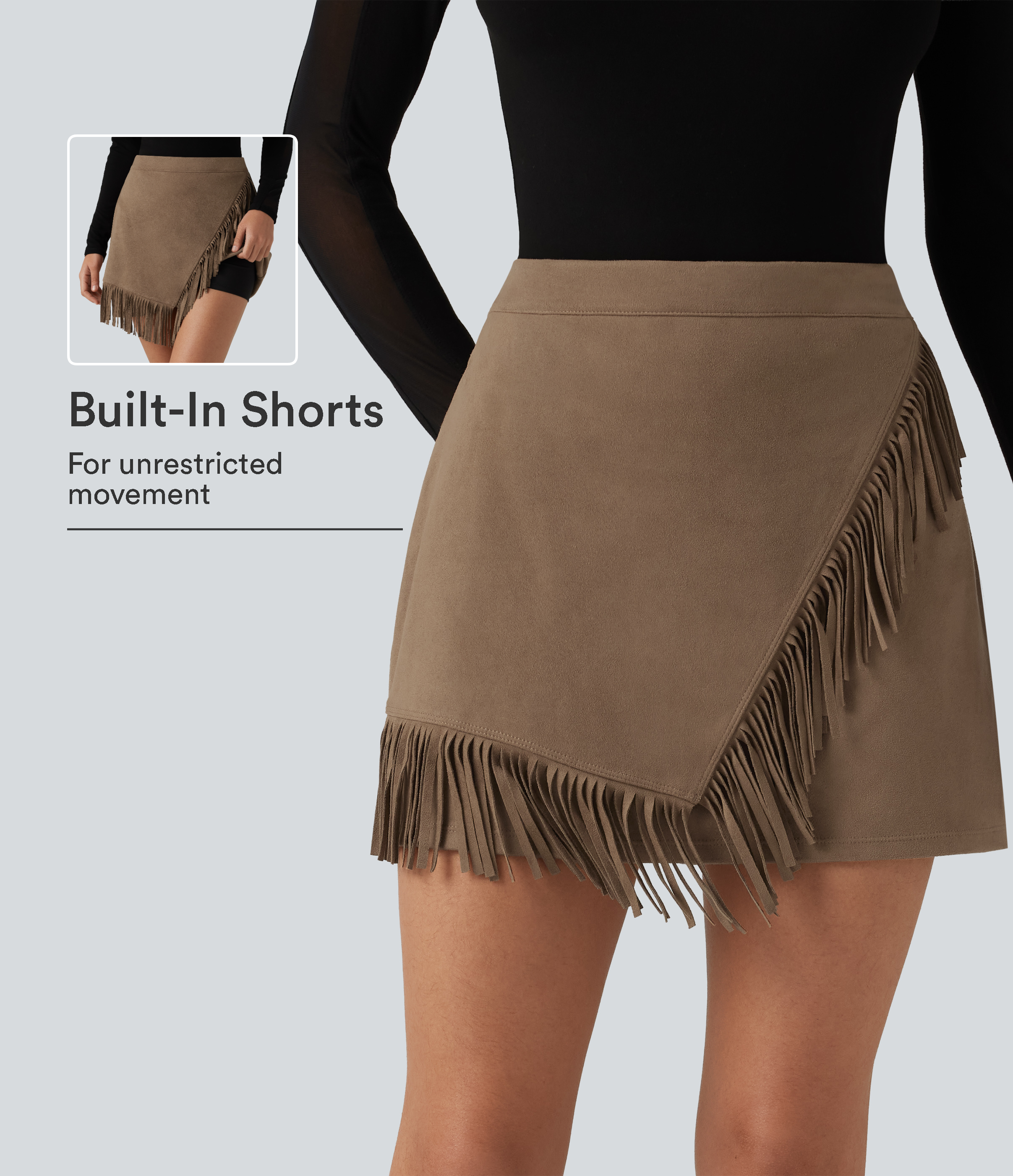 High Waisted A Line 2-in-1 Fringe Hem Asymmetric Mini Suede Party Skirt