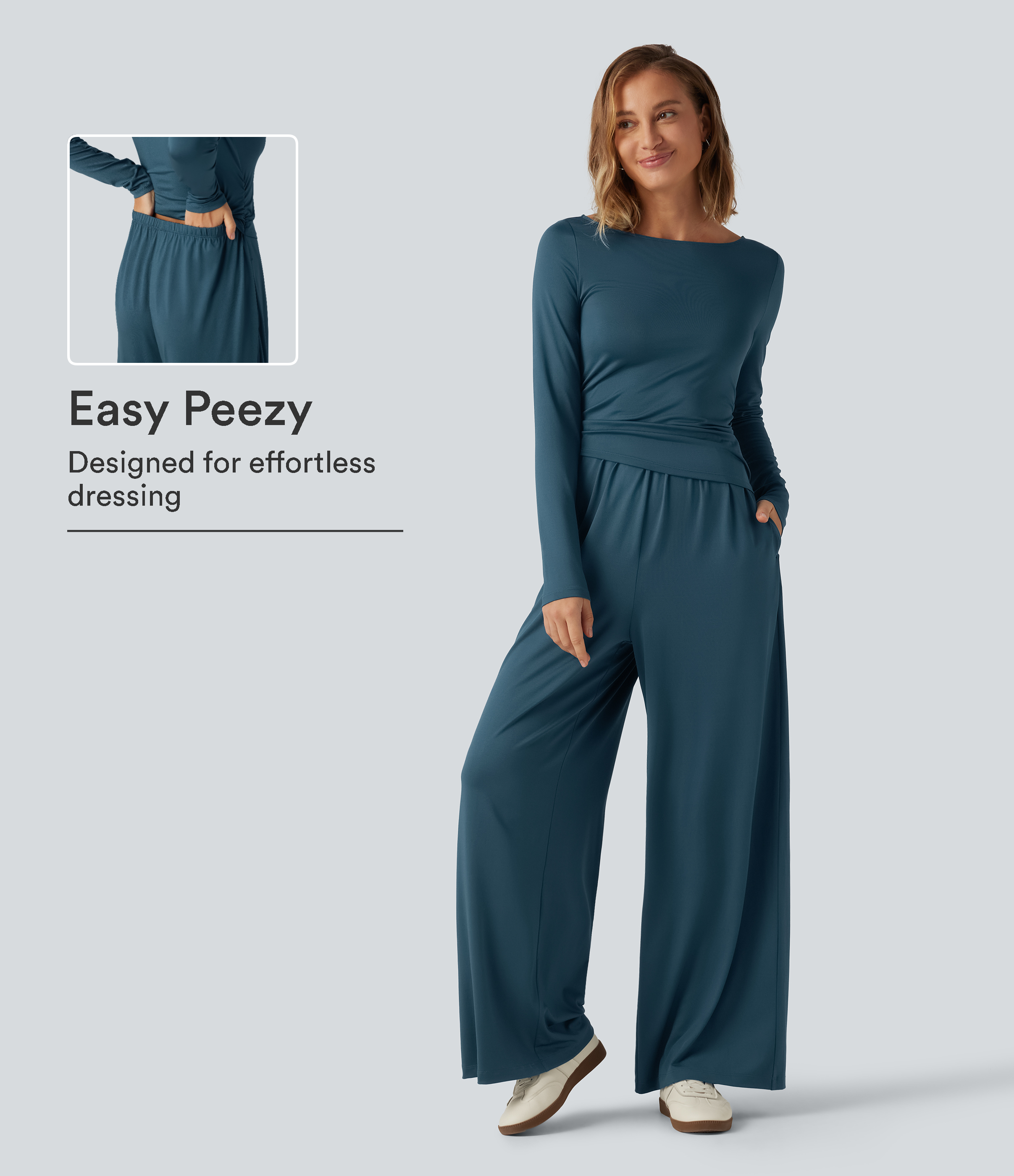 Boat Neck Long Sleeve Wide Leg Ruched Casual Jumpsuit with Pockets-Easy Peezy Edition