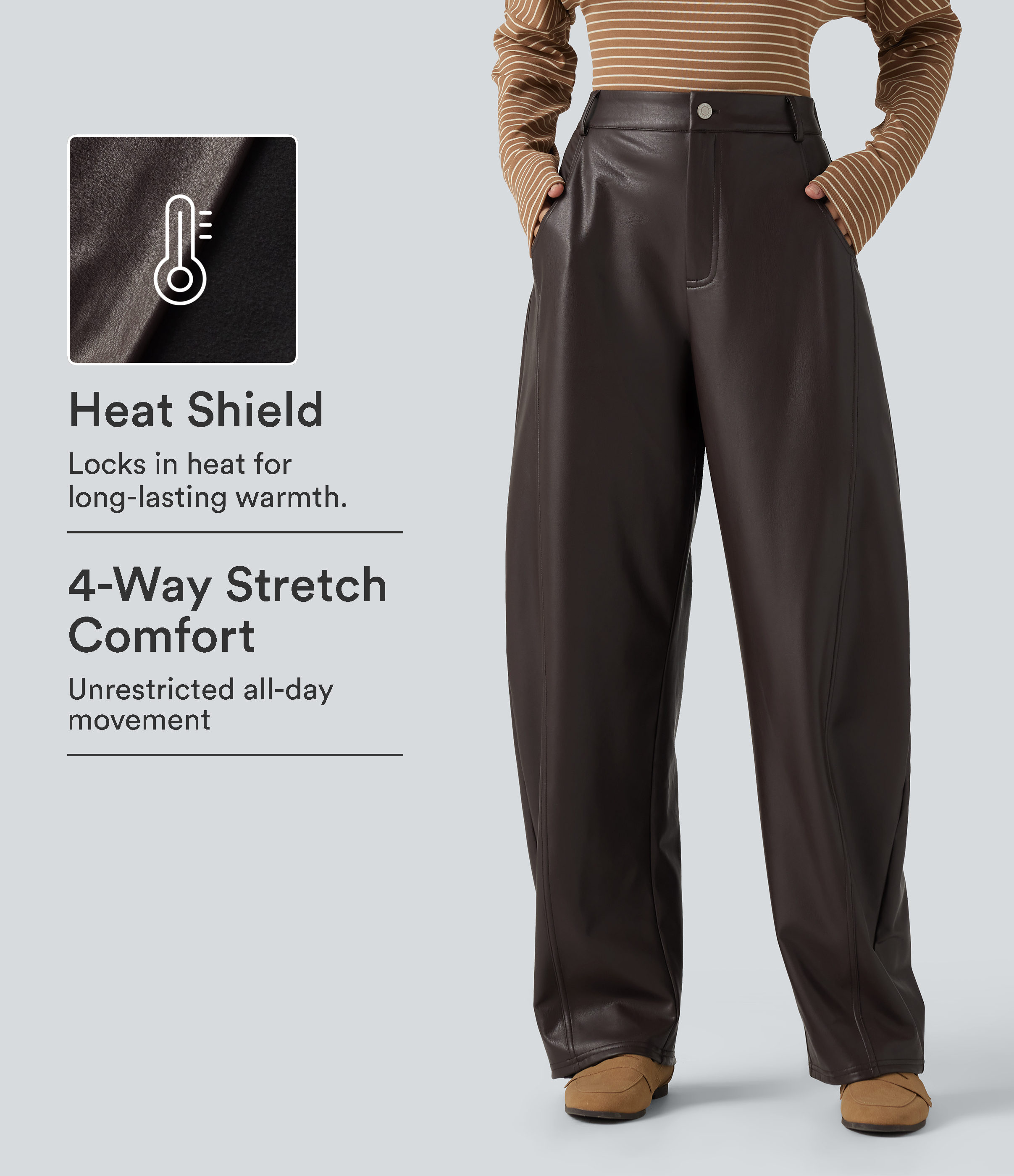 High Waisted Barrel Leg Stretchy PU Fleece Casual Pants with Pockets