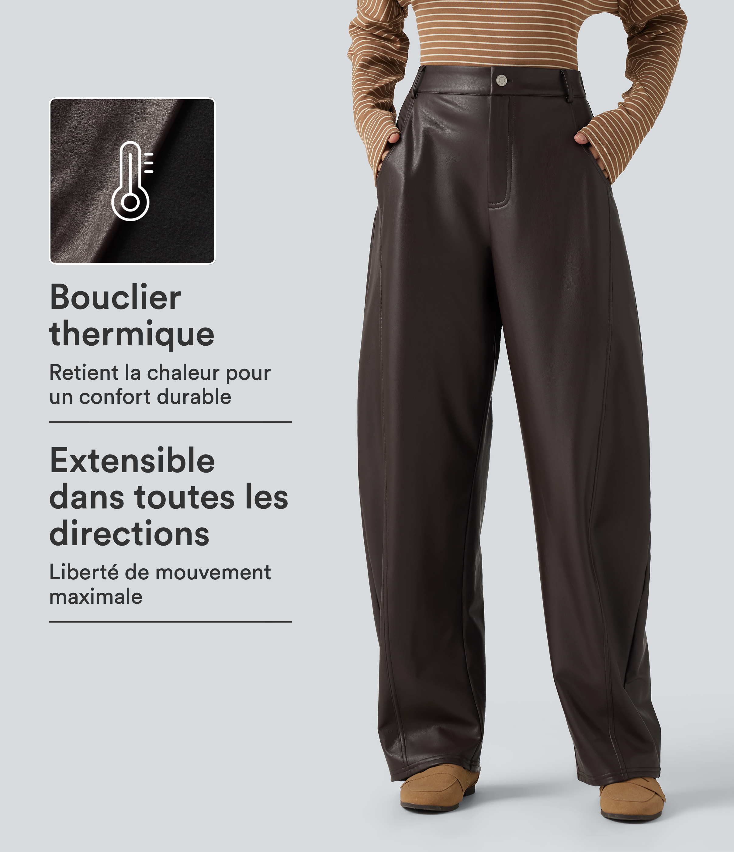 Pantalon en simili stretch doublé polaire taille haute coupe barrel avec poches