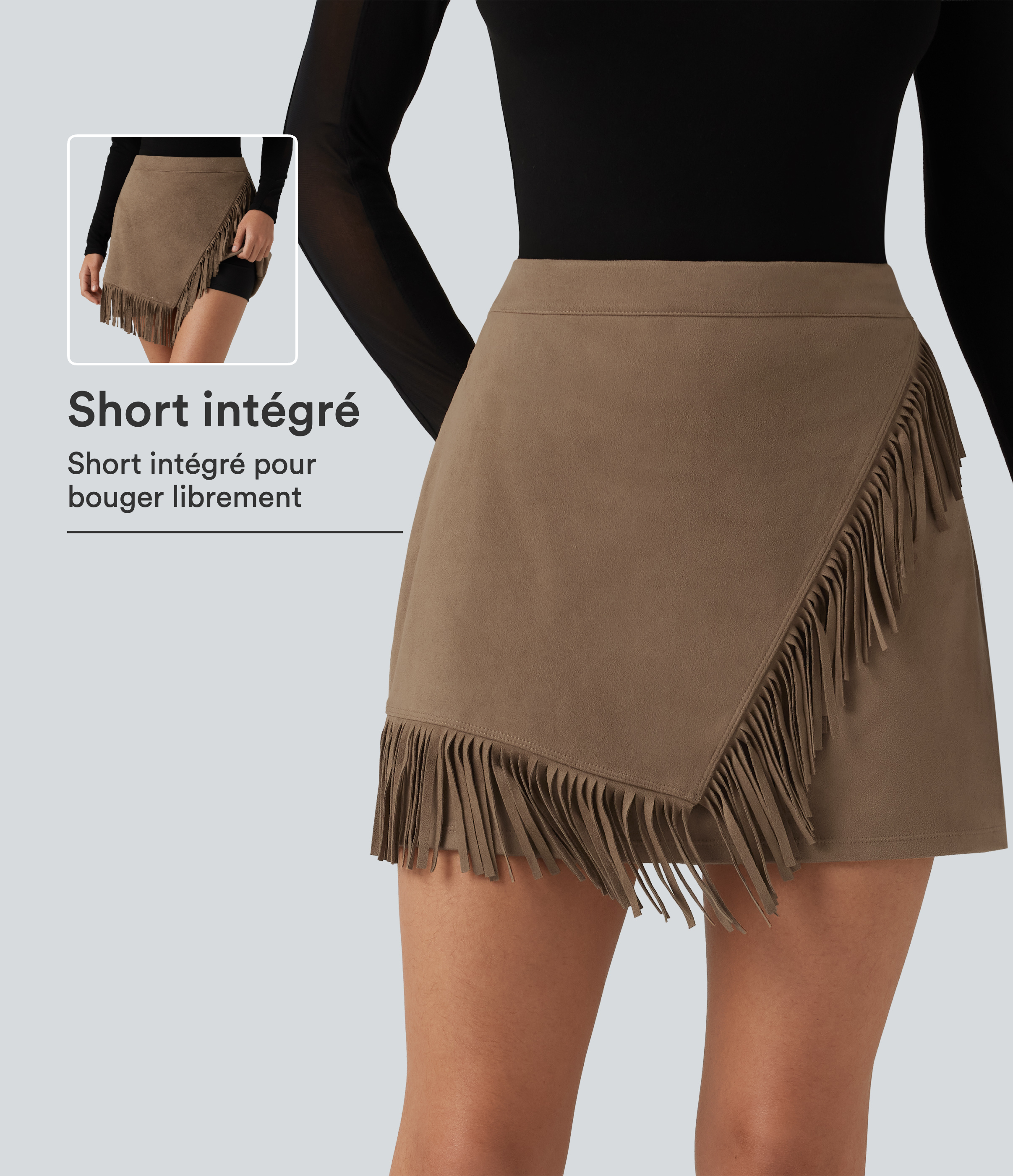 Jupe-short mini de soirée en suédine taille haute coupe trapèze à ourlet asymétrique frangé