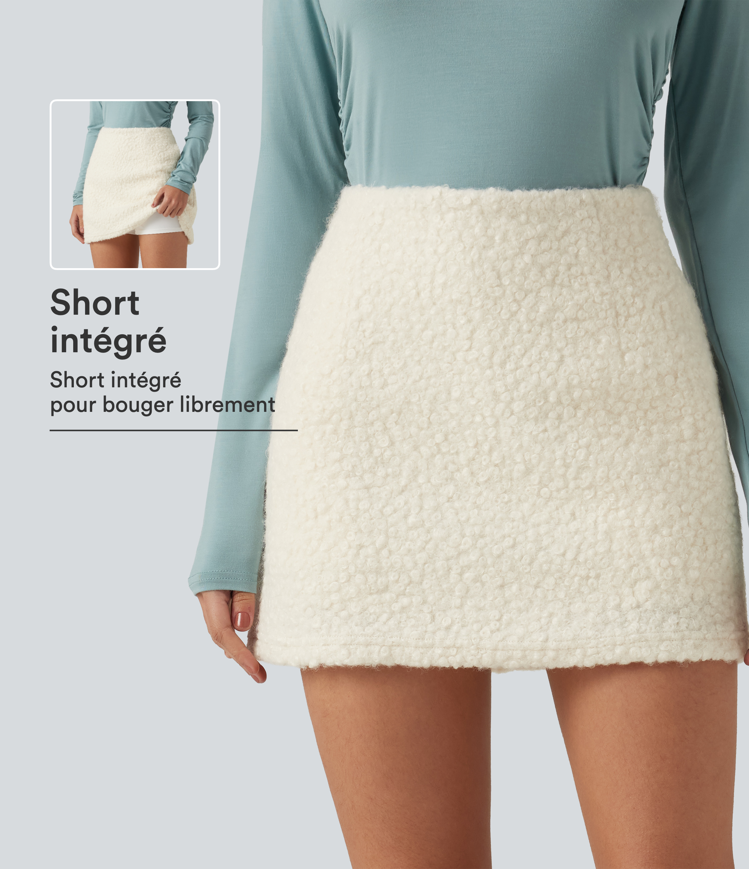 Jupe-short mini effet mouton taille haute coupe trapèze avec poches