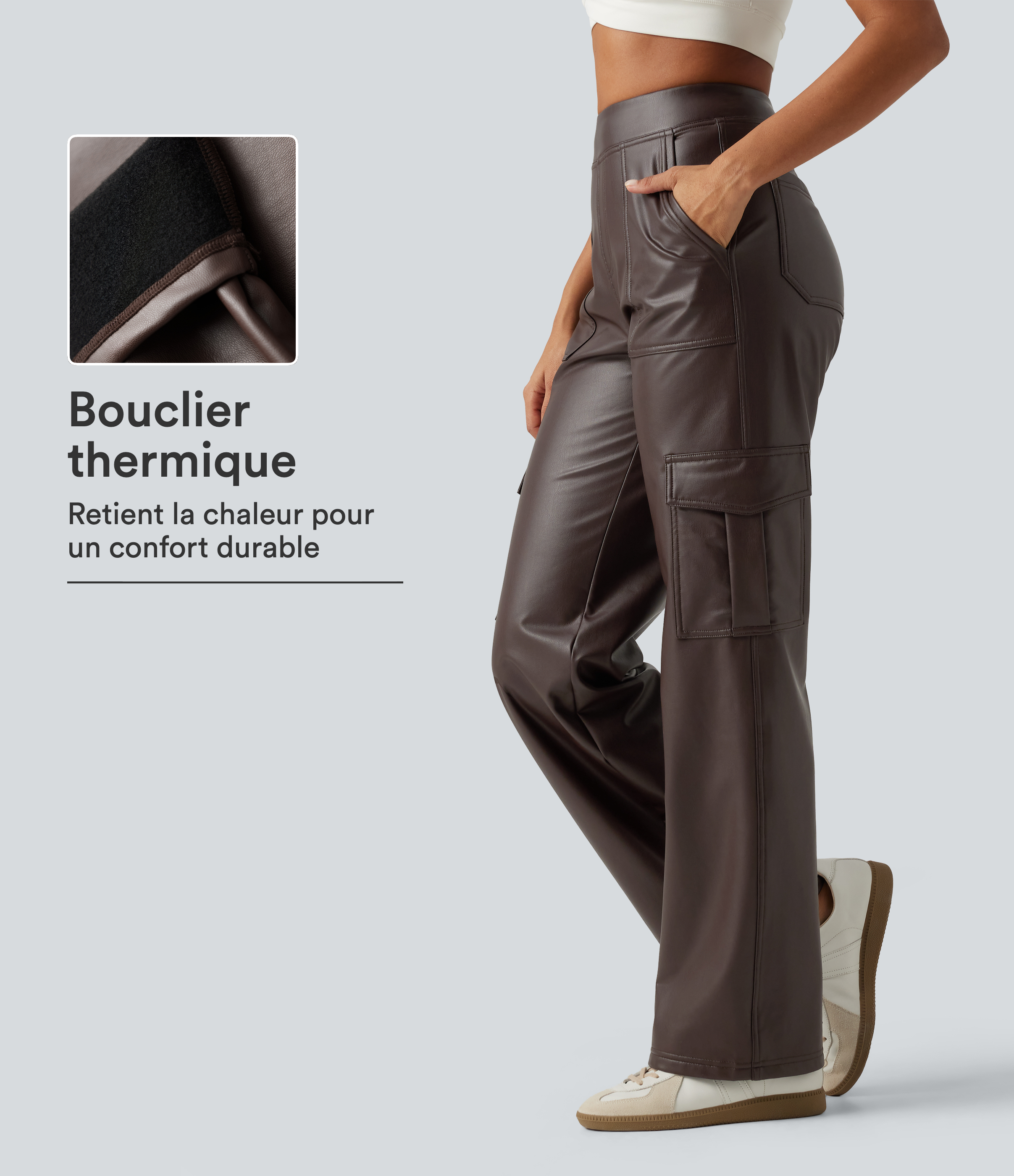Pantalon cargo en simili stretch doublé polaire taille mi-haute coupe large avec poches