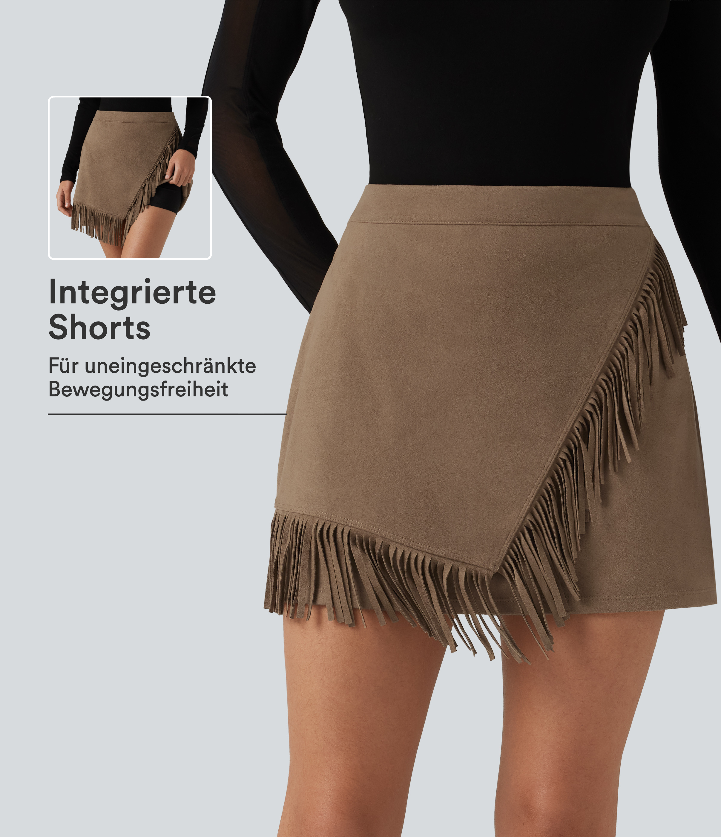 2-in-1 Party-Minirock aus Wildleder mit hohem Bund und asymmetrischem Fransensaum