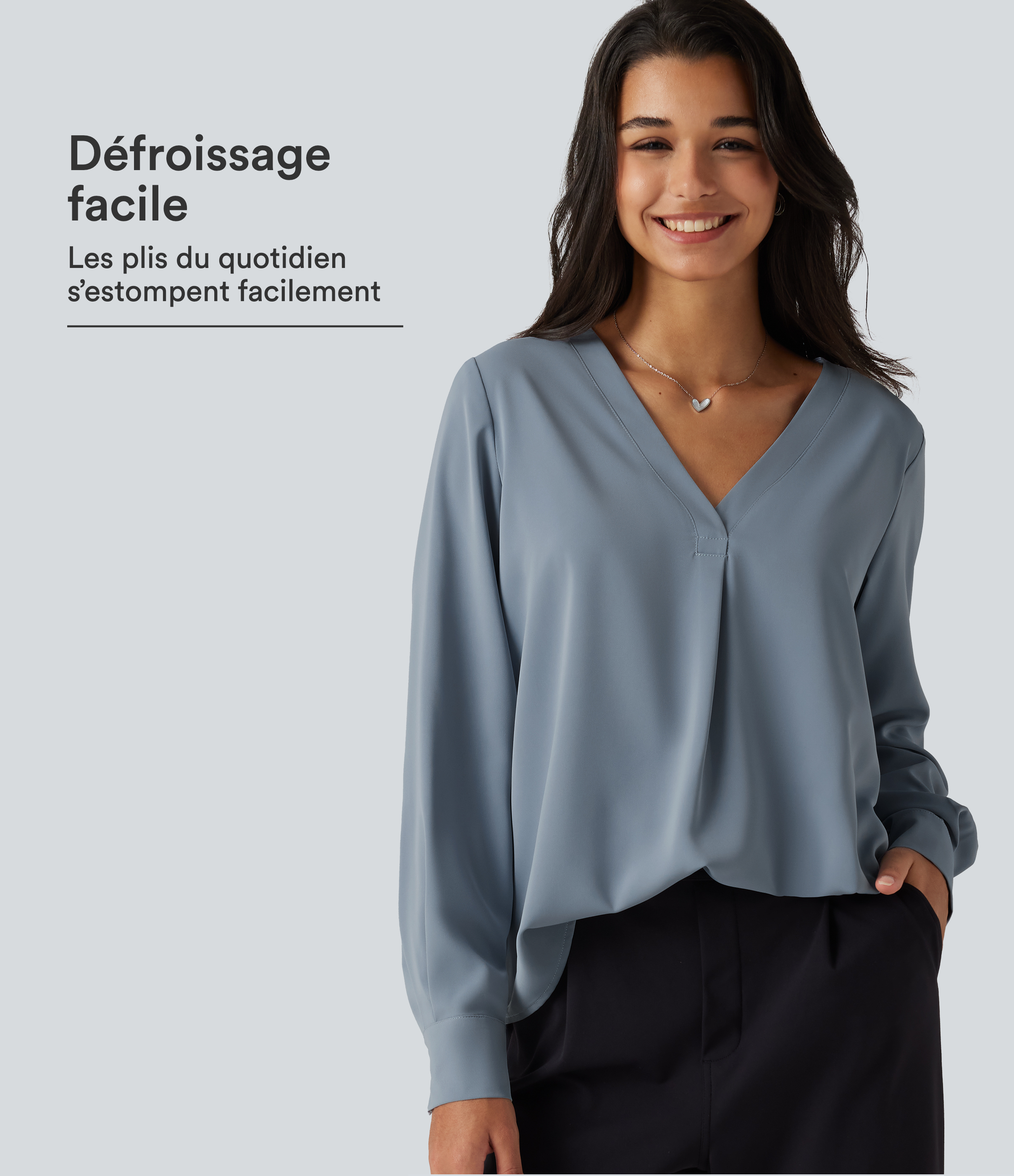 Blouse de bureau défroissage facile, col V et manches longues