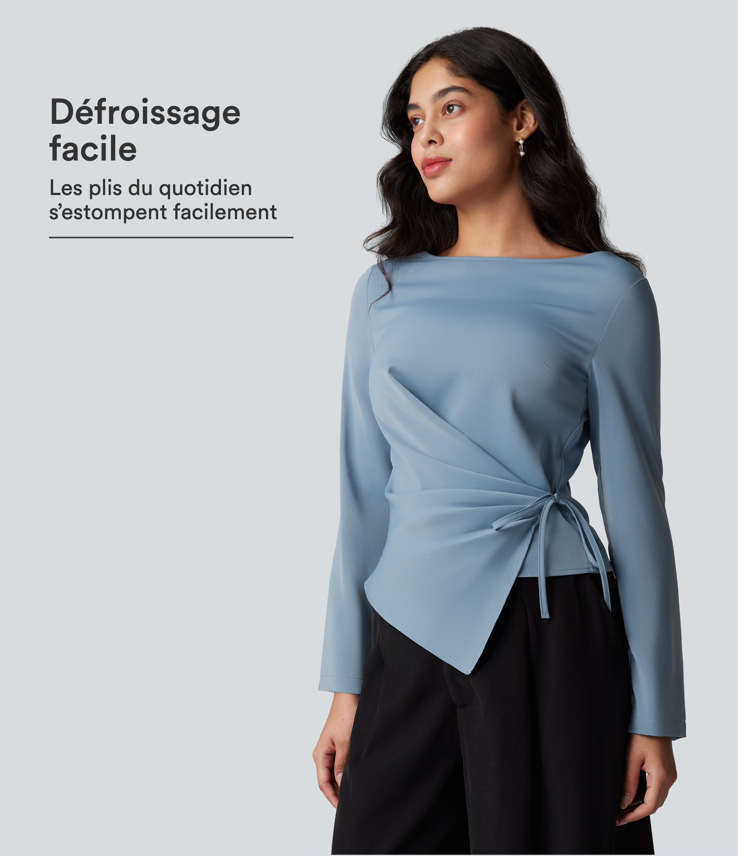 Mountain Spring Blouse esprit bureau défroissage facile, encolure bateau, manches longues, fronces et lien côté / 1