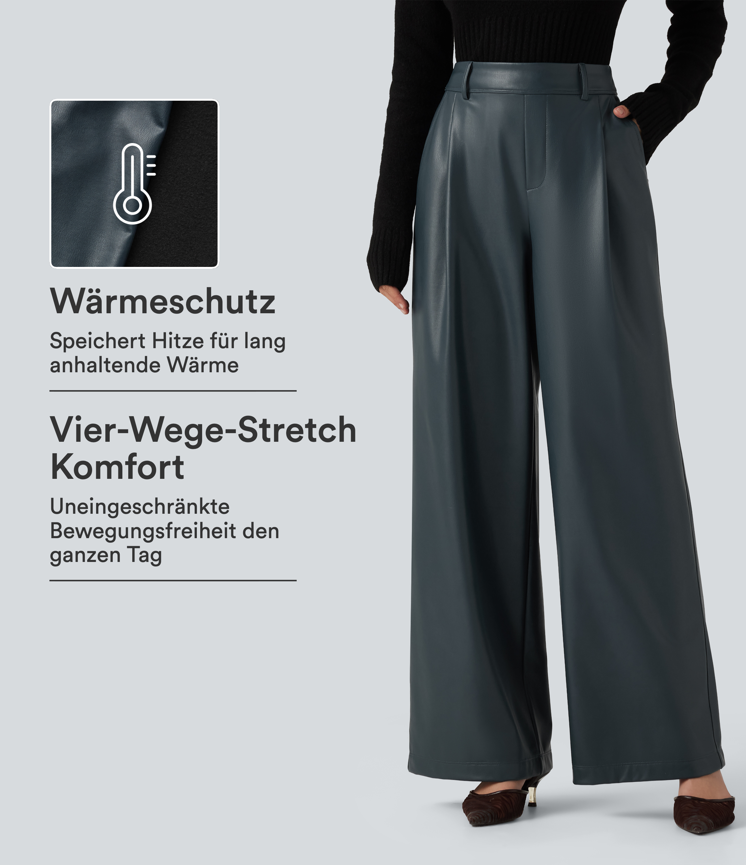 Lässige Fleece-Hose aus elastischem Kunstleder mit hohem Bund, Seitentaschen und weitem Bein