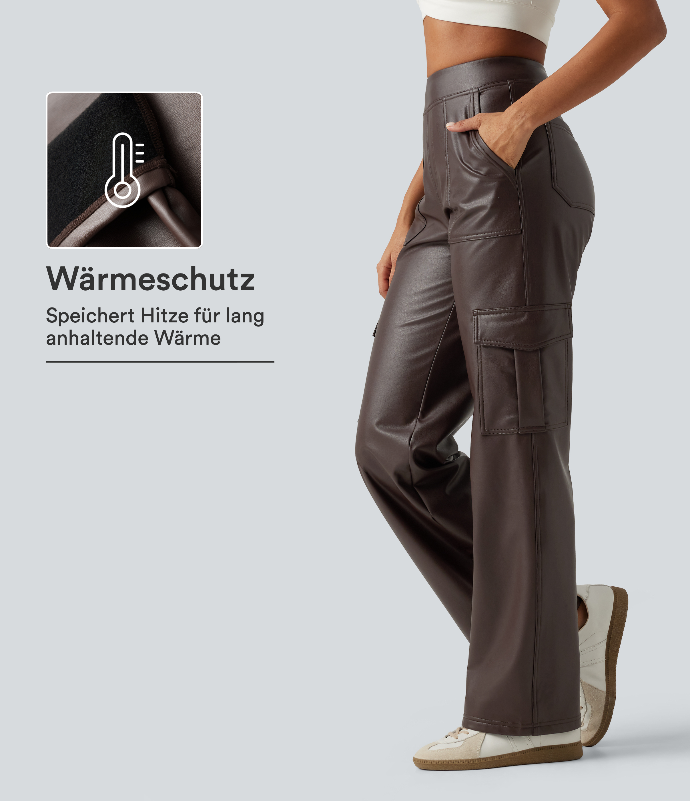 Java Lässige Fleece-Cargohose aus elastischem Kunstleder mit mittelhohem Bund, mehreren Taschen und weitem Bein / 1