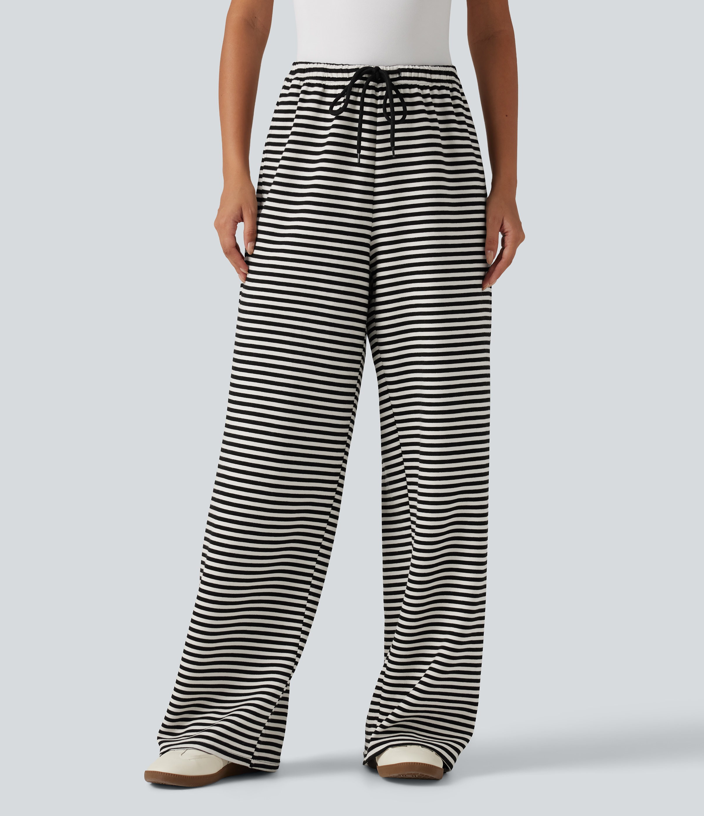 Mid Rise Drawstring Wide Leg Stripe Casual Sweatpants with Pockets