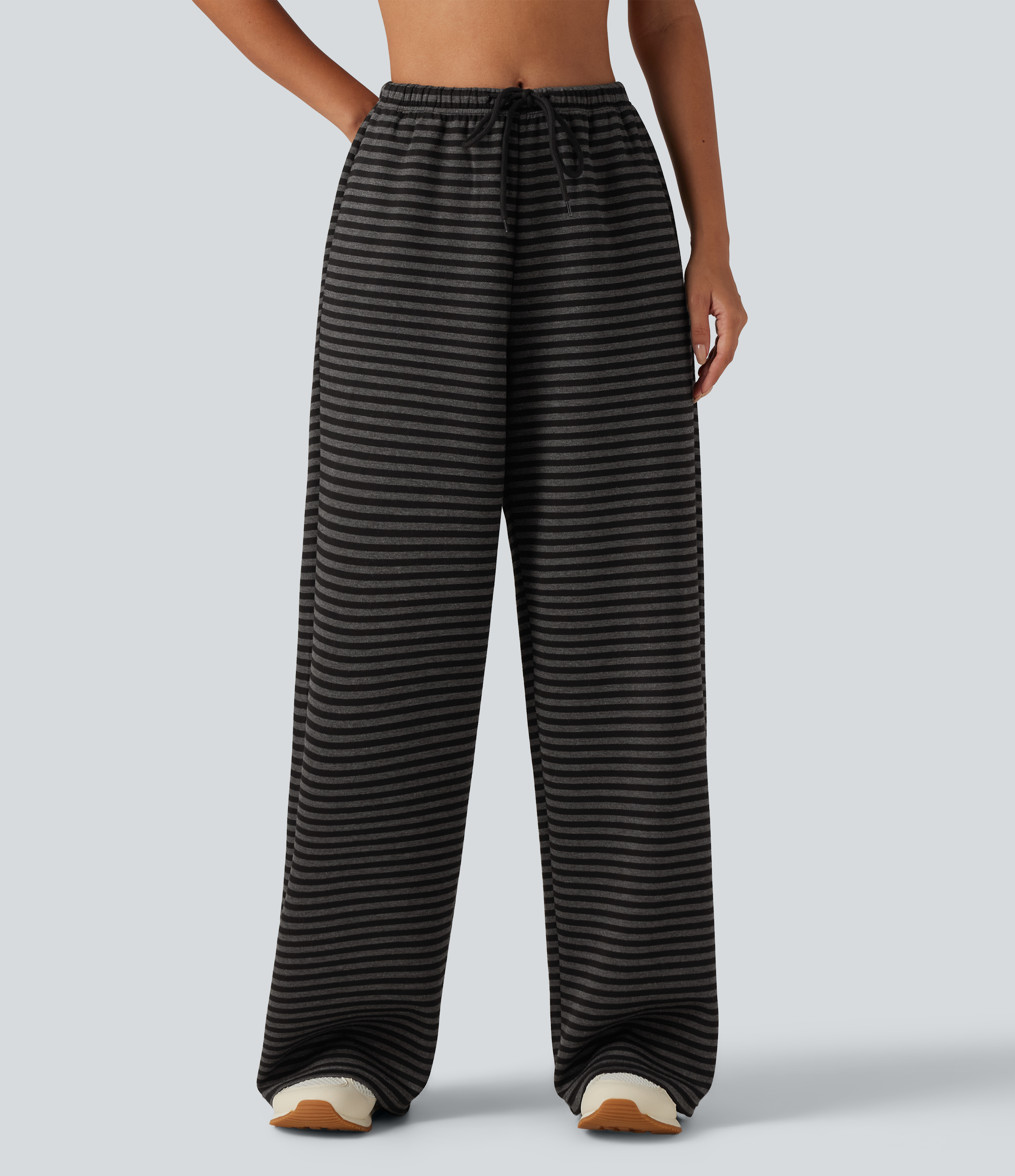 Twilight Stripe Lässige Jogginghose mit mittelhohem Bund, Seitentaschen, Kordelzug, Streifen und weitem Bein / 1