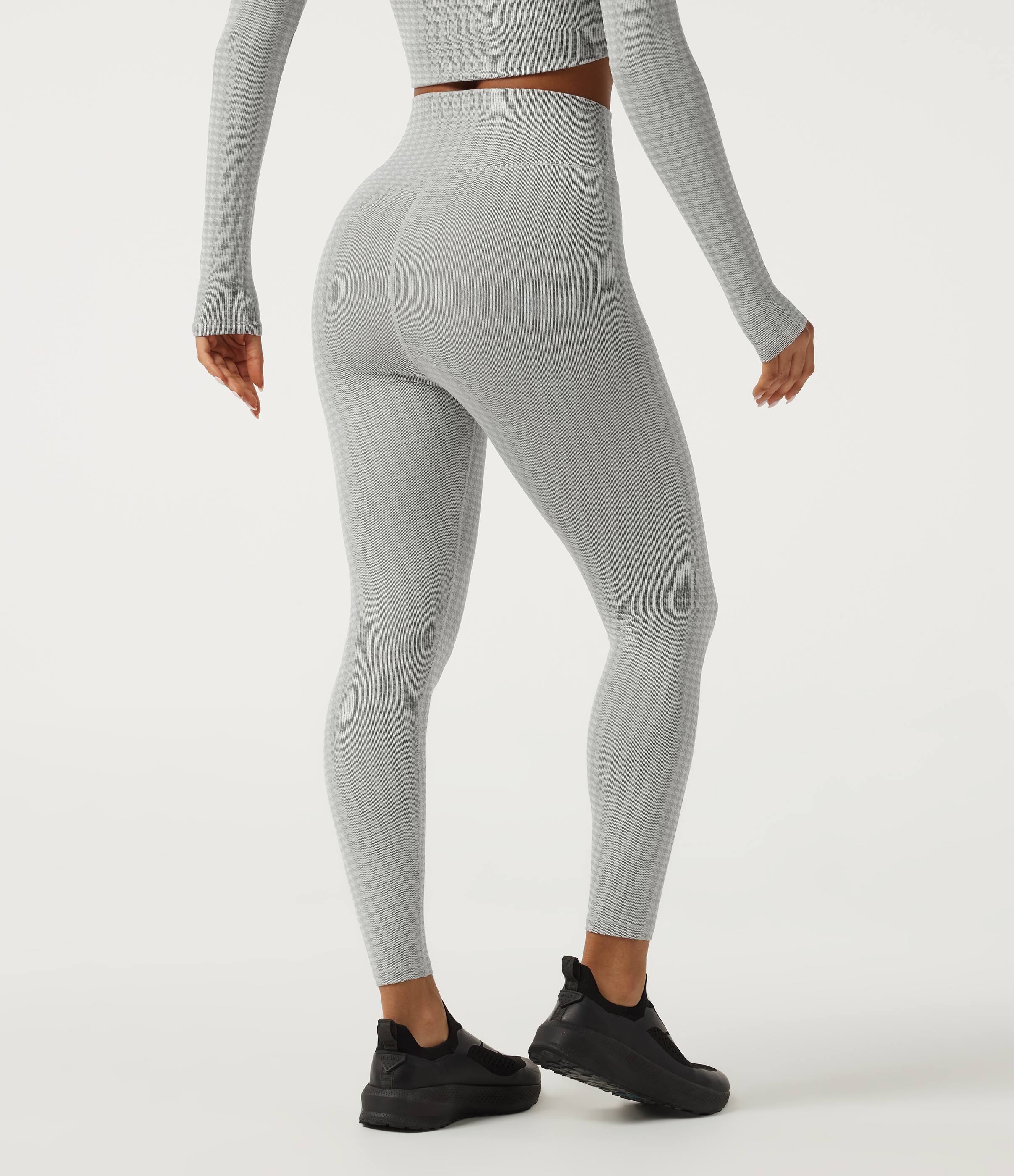 Fog Grey Stripe Hoch geschnittene, bauchformende Yoga-Leggings im Hahnentritt-Muster / 2