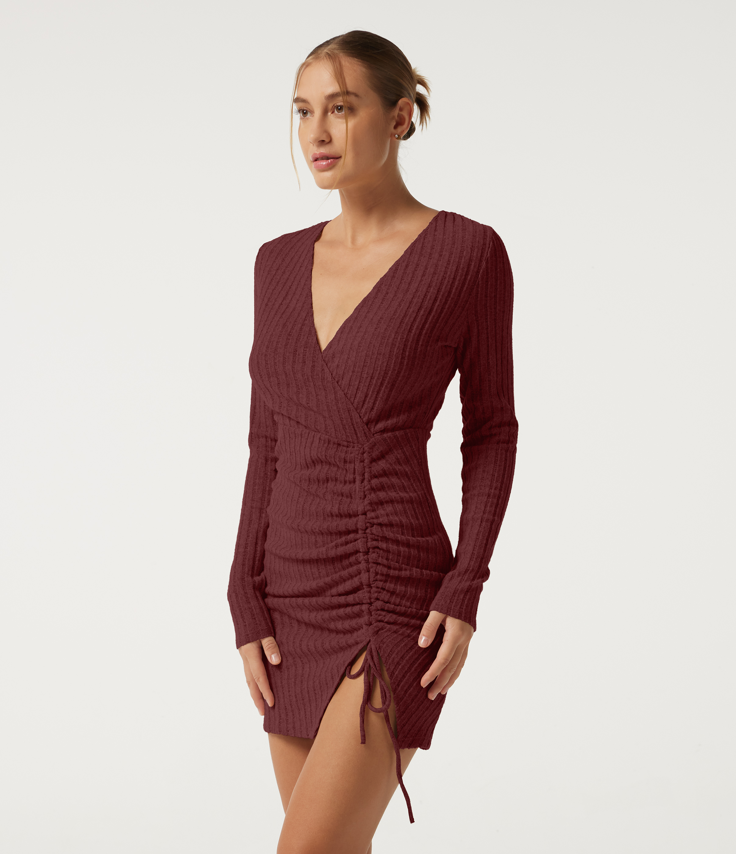 Ribbed Knit Deep V-Neck Long Sleeve Drawstring Ruched Bodycon Mini Casual Dress