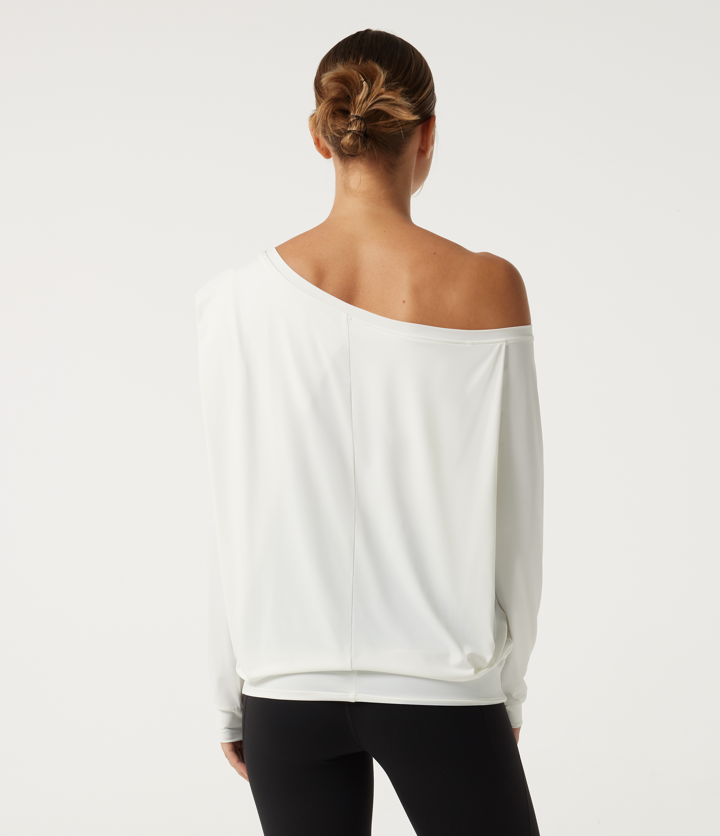 Blanc Haut de sport yoga asymétrique à une épaule, manches longues plissées, InstantCool - UPF50+ / 2