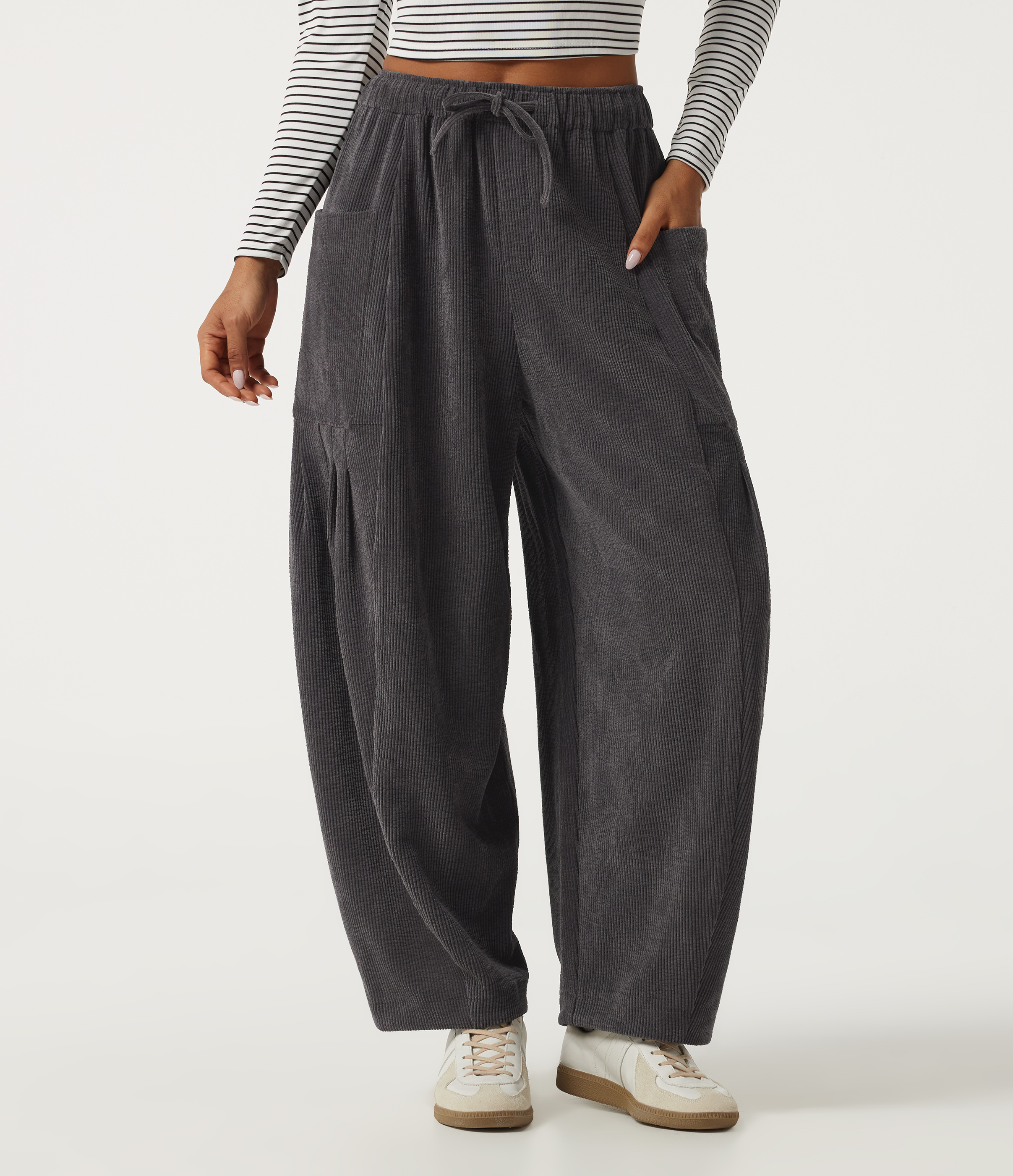 High Waisted Drawstring Corduroy Casual Pants with Pockets