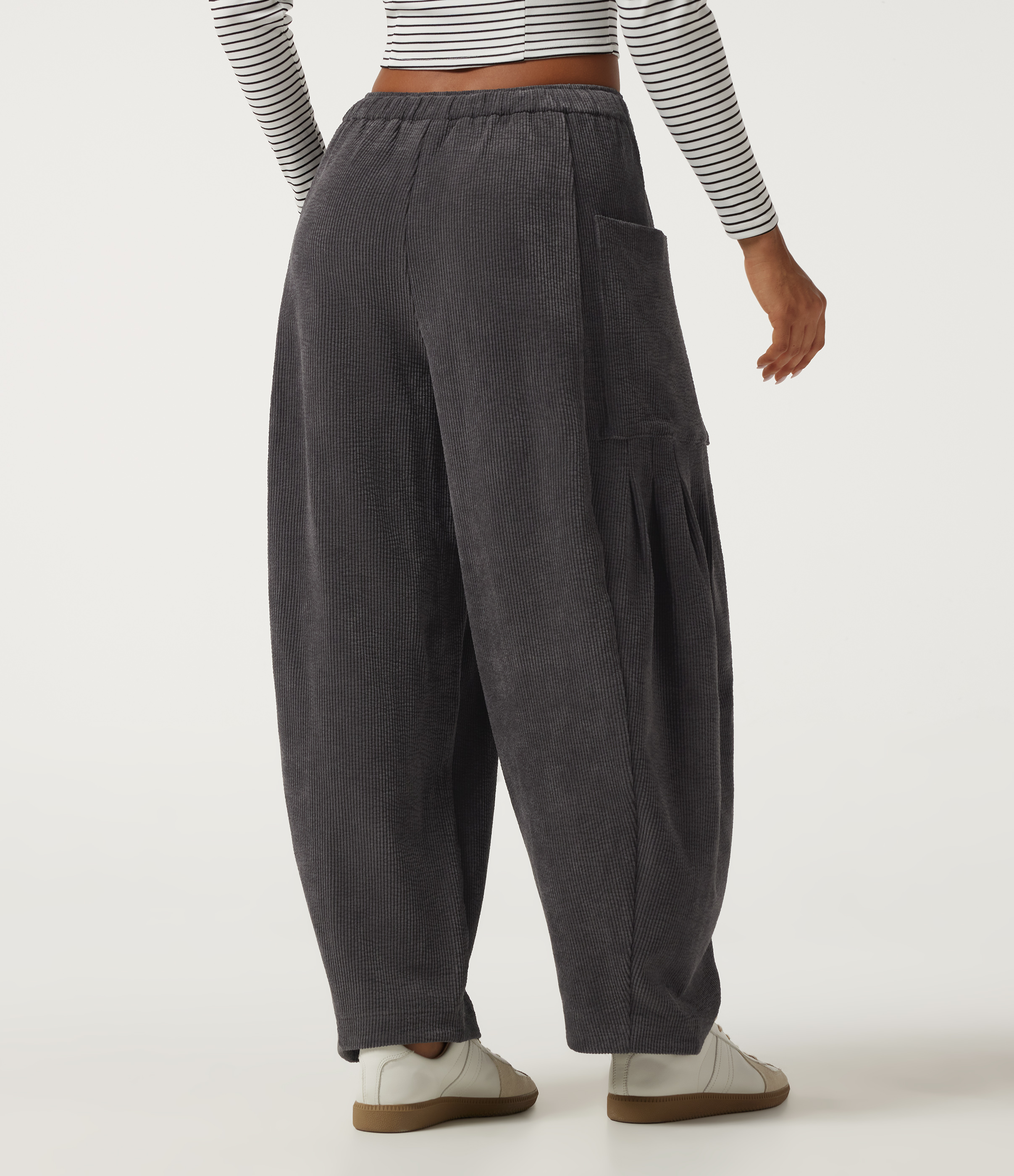 Steel Gray High Waisted Drawstring Corduroy Casual Pants with Pockets / 2