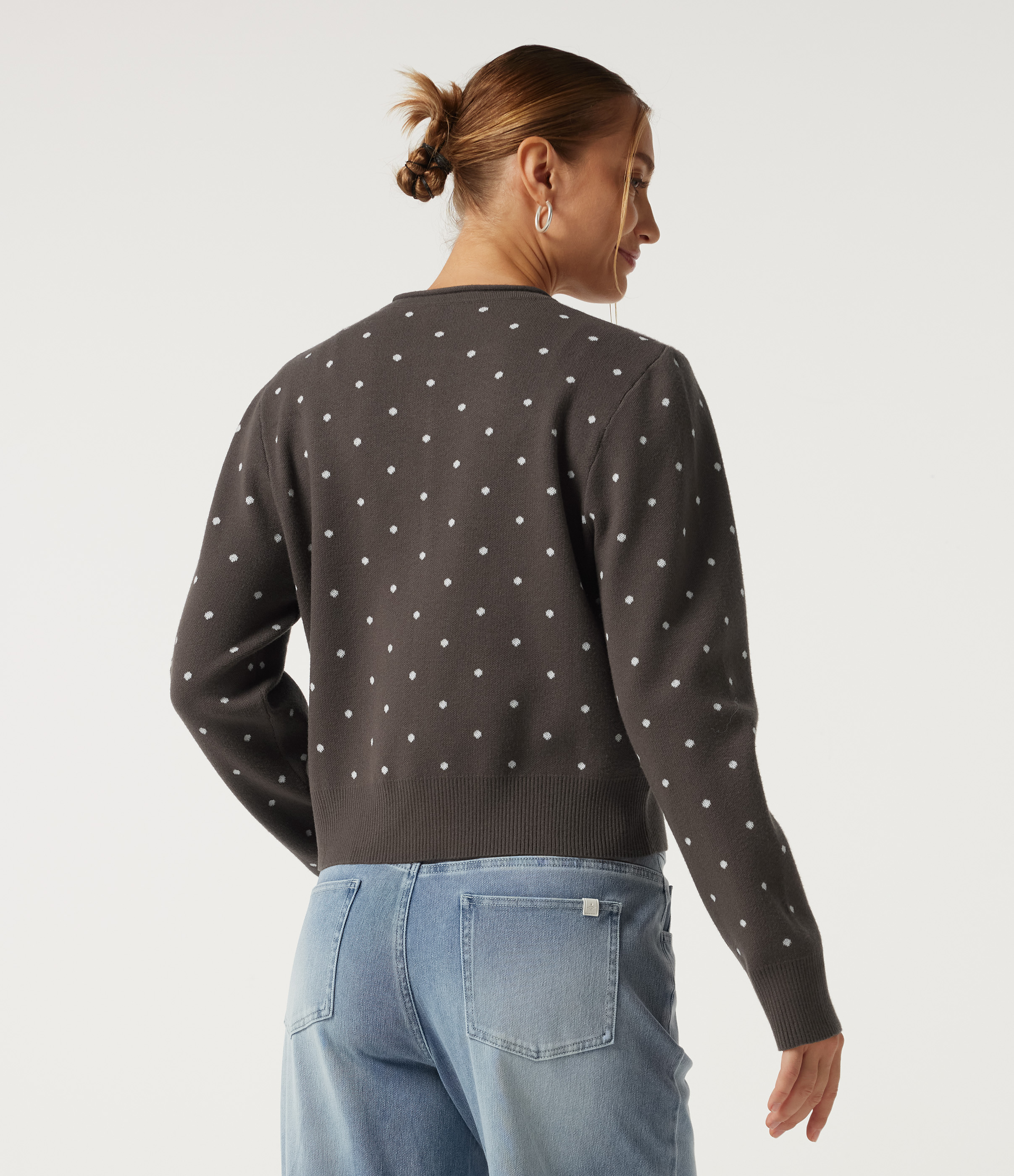 Clay Brown Gepunkteter Rundhals-Cardigan mit langen Ärmeln, lässig / 2