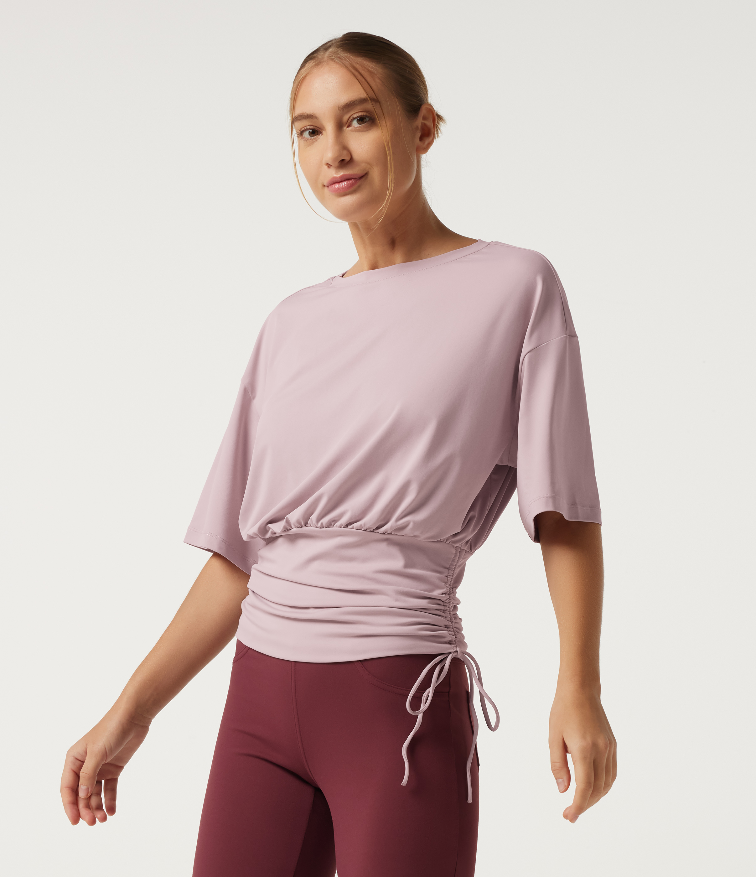 Round Neck Dropped Half Sleeve Drawstring Ruched Yoga Sports Top