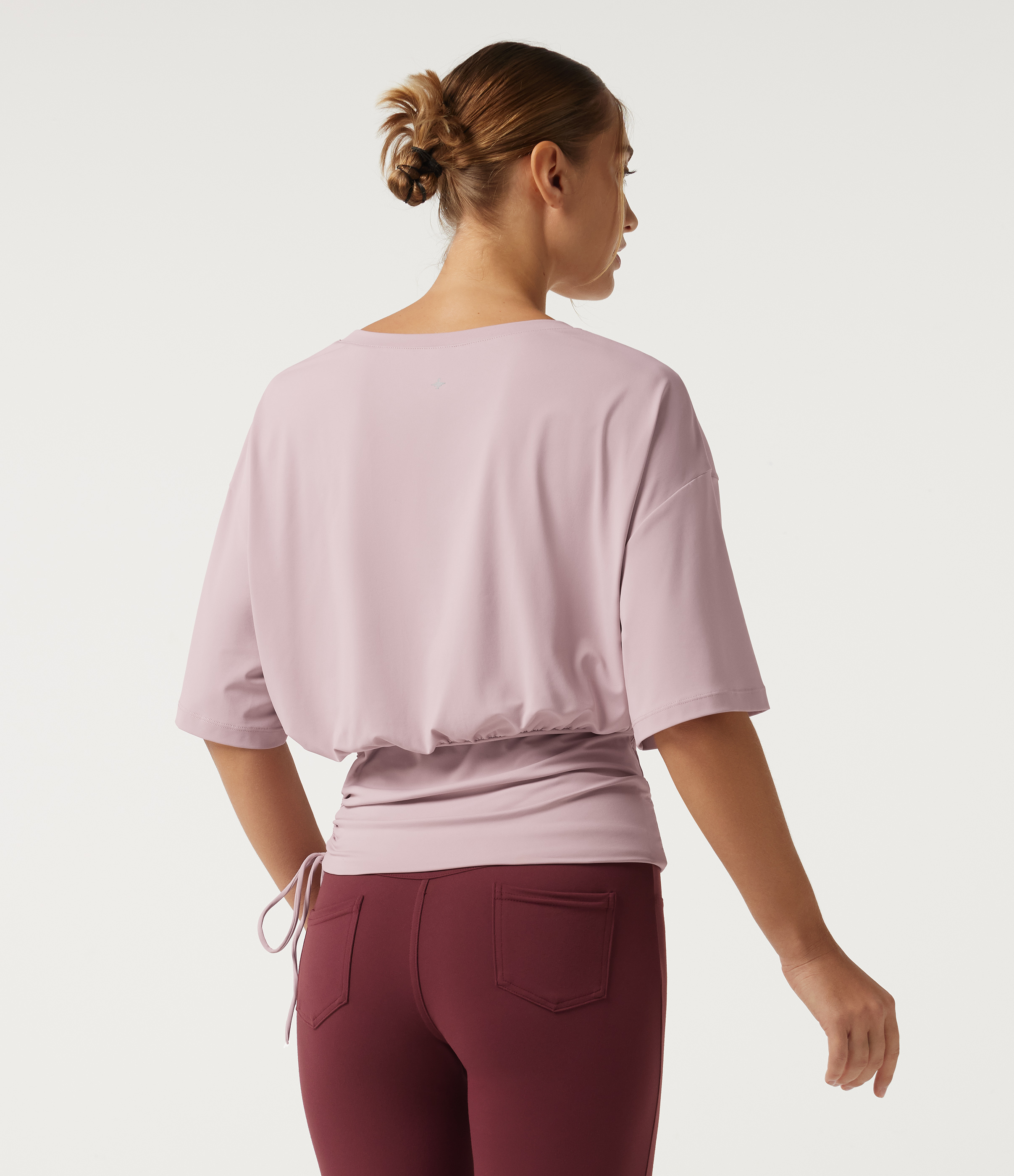 Pale Lilac Rundhalsausschnitt, überschnittene halblange Ärmel, Kordelzug, gerafftes Yoga-Sport-Top / 2