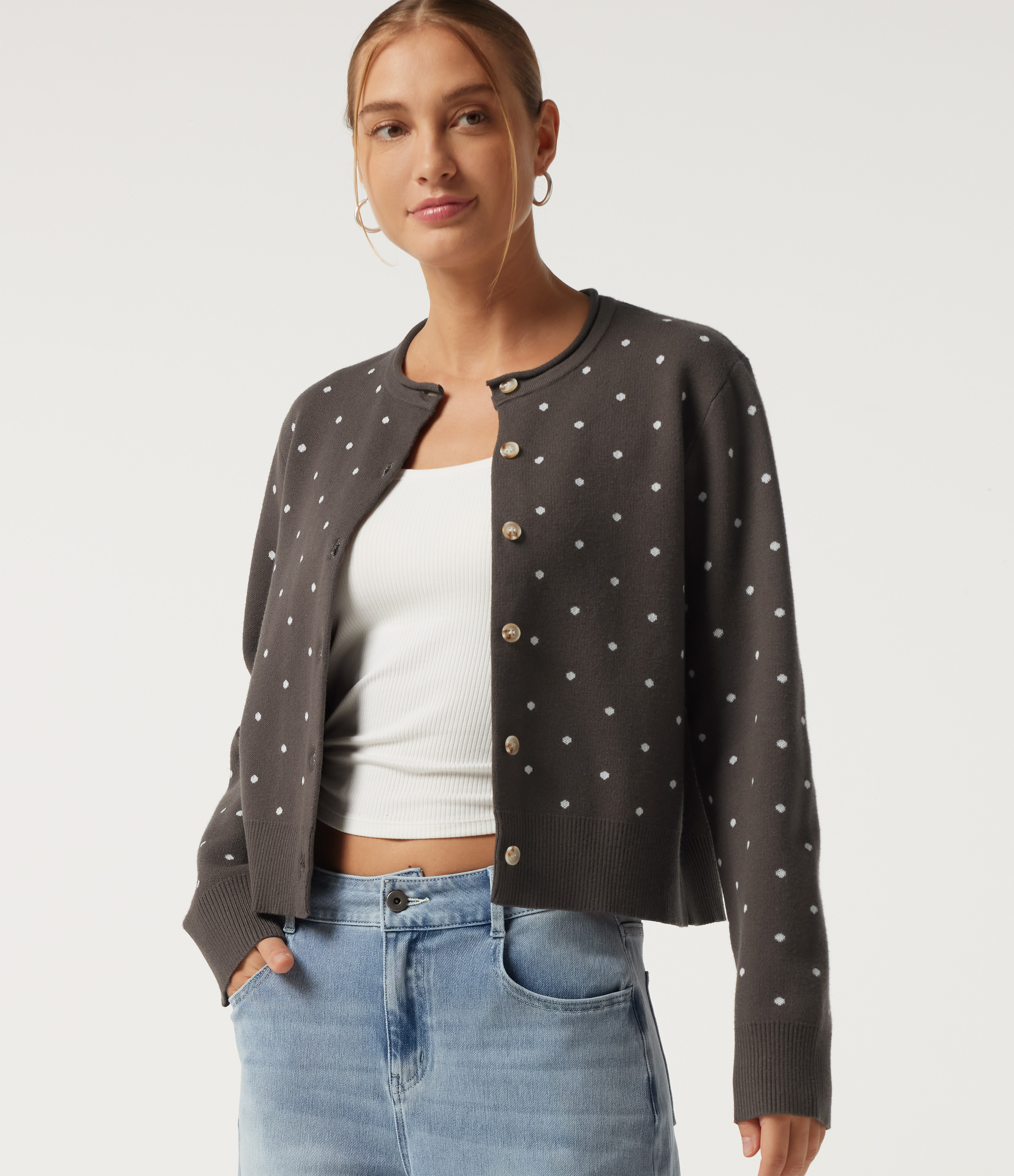 Round Neck Long Sleeve Polka Dot Casual Cardigan