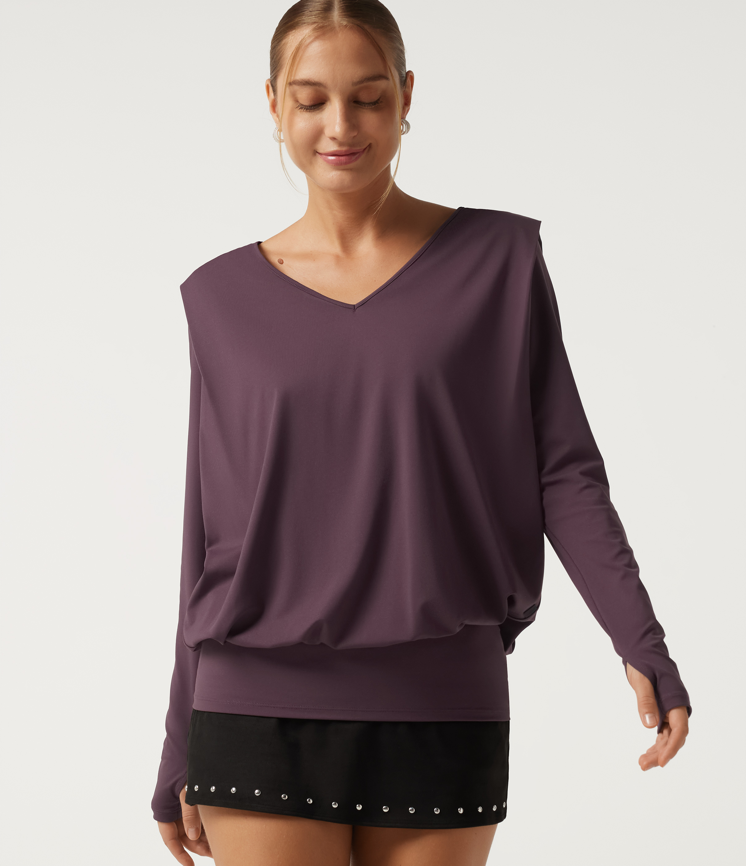 V Neck Long Sleeve Thumb Hole Ruched Casual Top